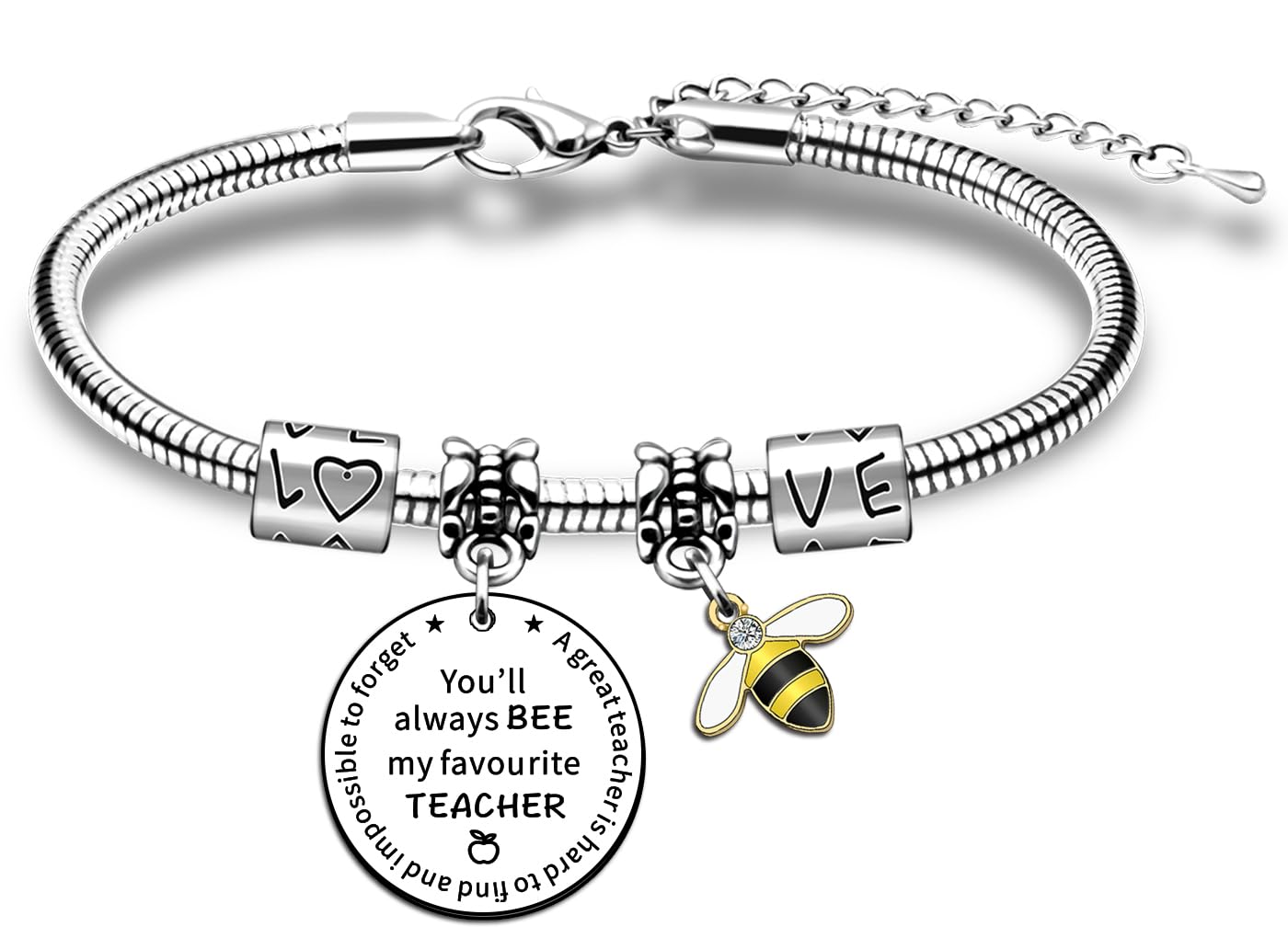 Bracciale Con Ciondolo Ape Per Insegnante - JMIMO Argento, Regalo Ringraziamento Con Scritta - Diametro 7 Cm Regolabile - 3