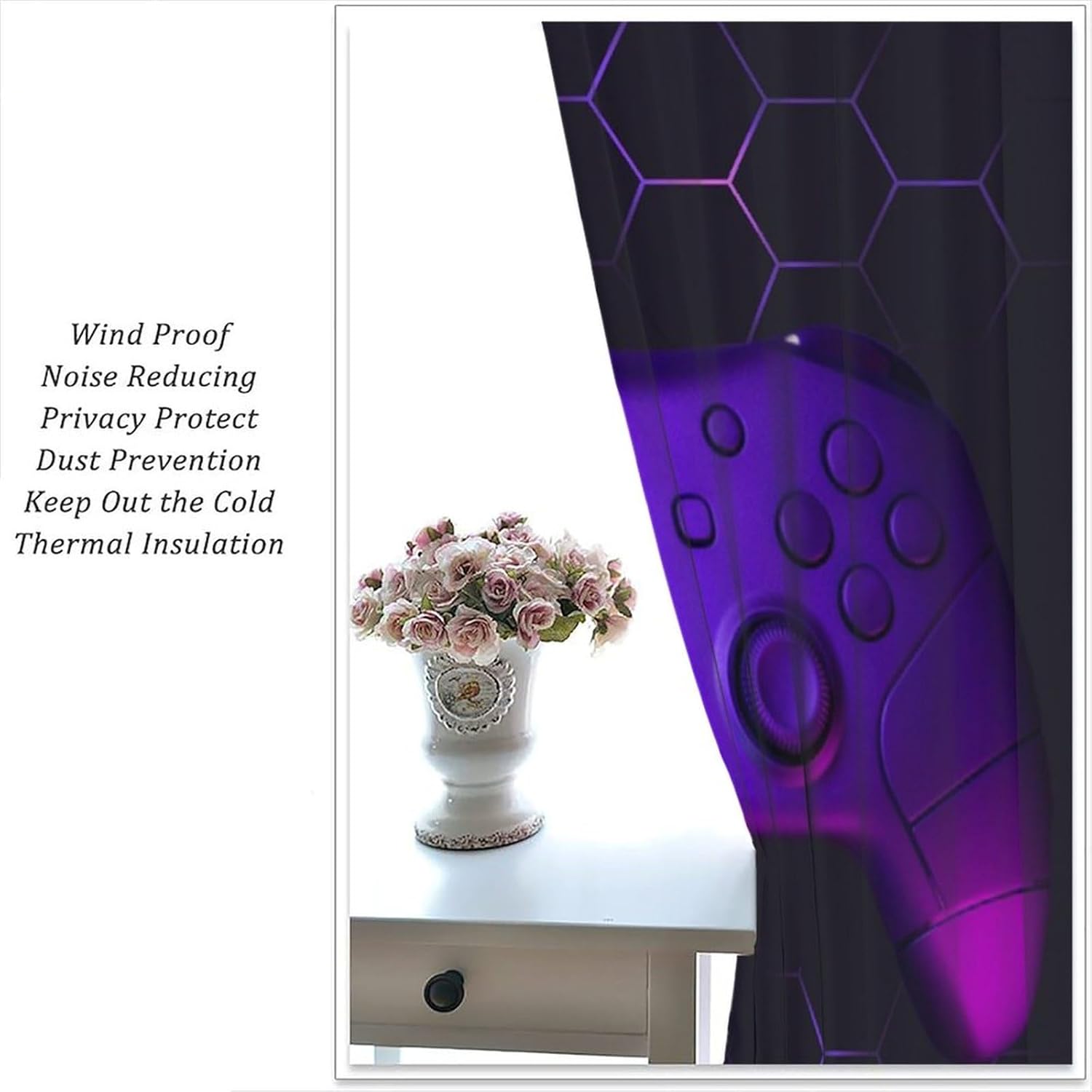 Boys Girls Gamer Curtains, Purple Geometric Honeycomb Abstract Game Consoles Blackout Window Treatments, Rod Pocket Thermal Insulated Drapes 2 Panel Sets for Teens Kids Bedroom Playroom, 42"W X 63"L