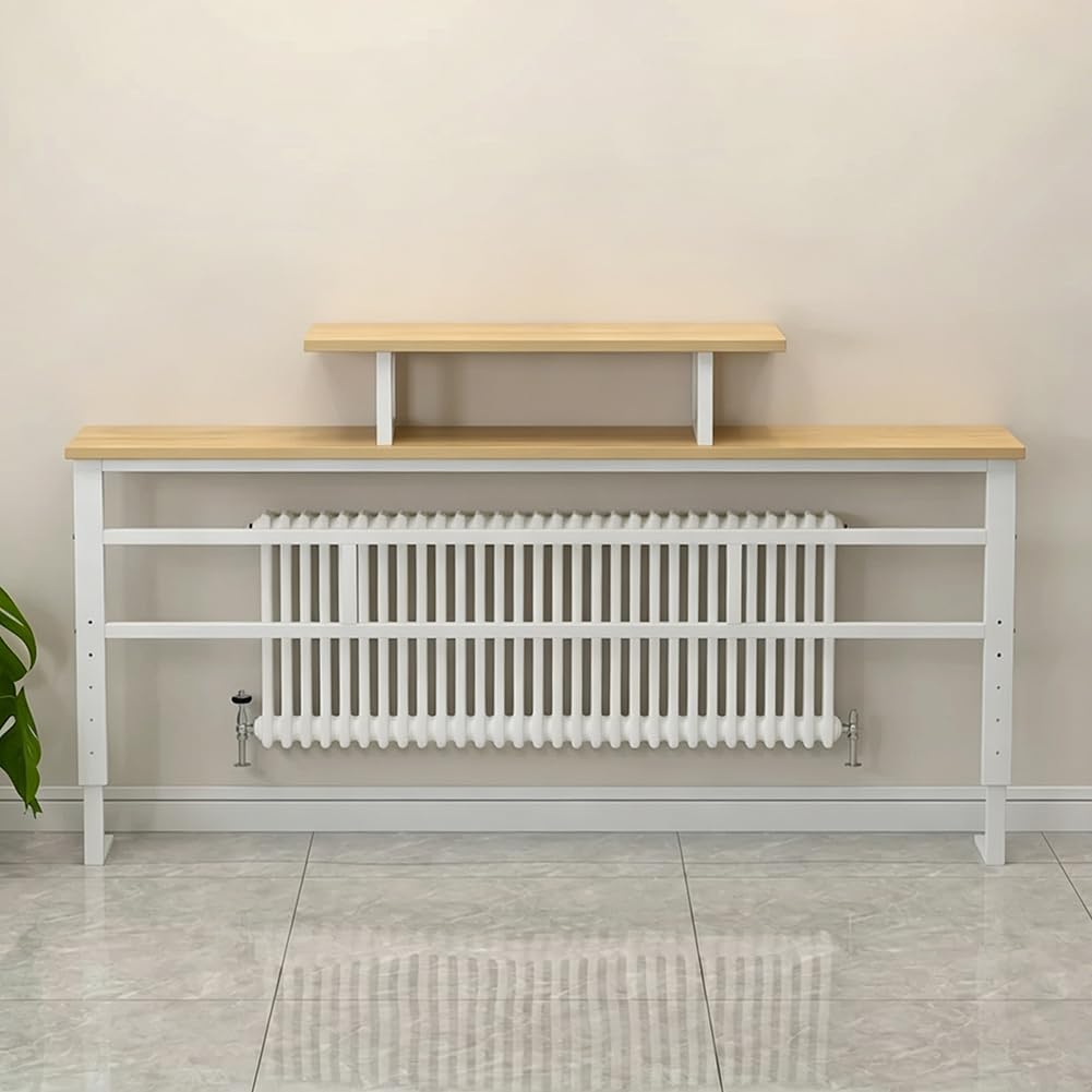 PA-DABAOO Floor-Standing Long Radiator Shelf, Modern Storage Shelf Behind Sofa with Adjustable Height(80-100CM),2-Tier Sofa Table Behind Couch with Heavy Duty Steel Frame,140CM