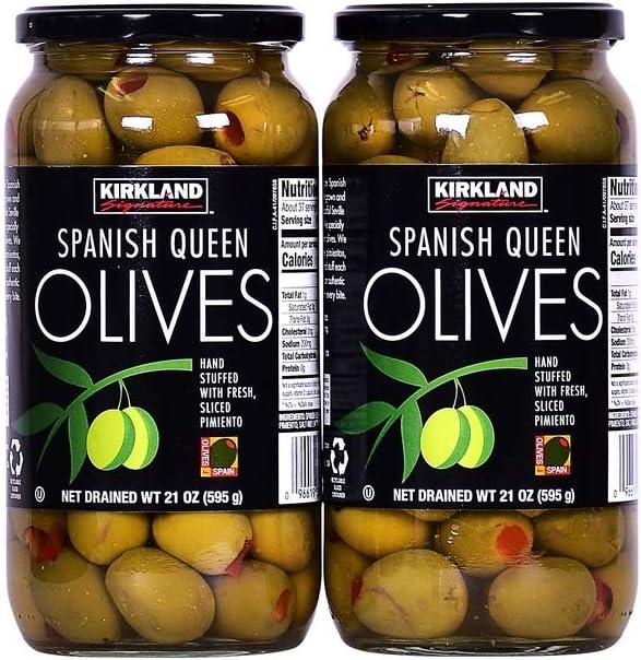 Kirkland Signature Pimento Stuffed Spanish Queen Olives, 21 Ounce Jar (2 Pack)