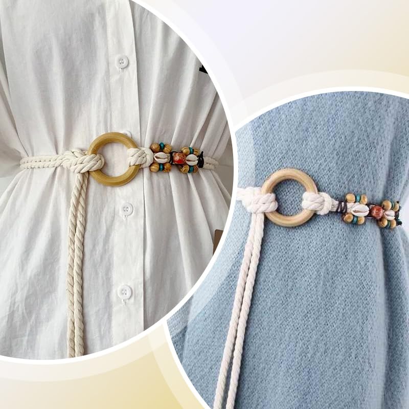 Boho Beads Rope Belt with Shell Seashell Double Rope Chain Waist Belt for Women Bohemian Tassel Braided Macrame Belts for Dresses Summer Festival Beach Accessories Decoration4