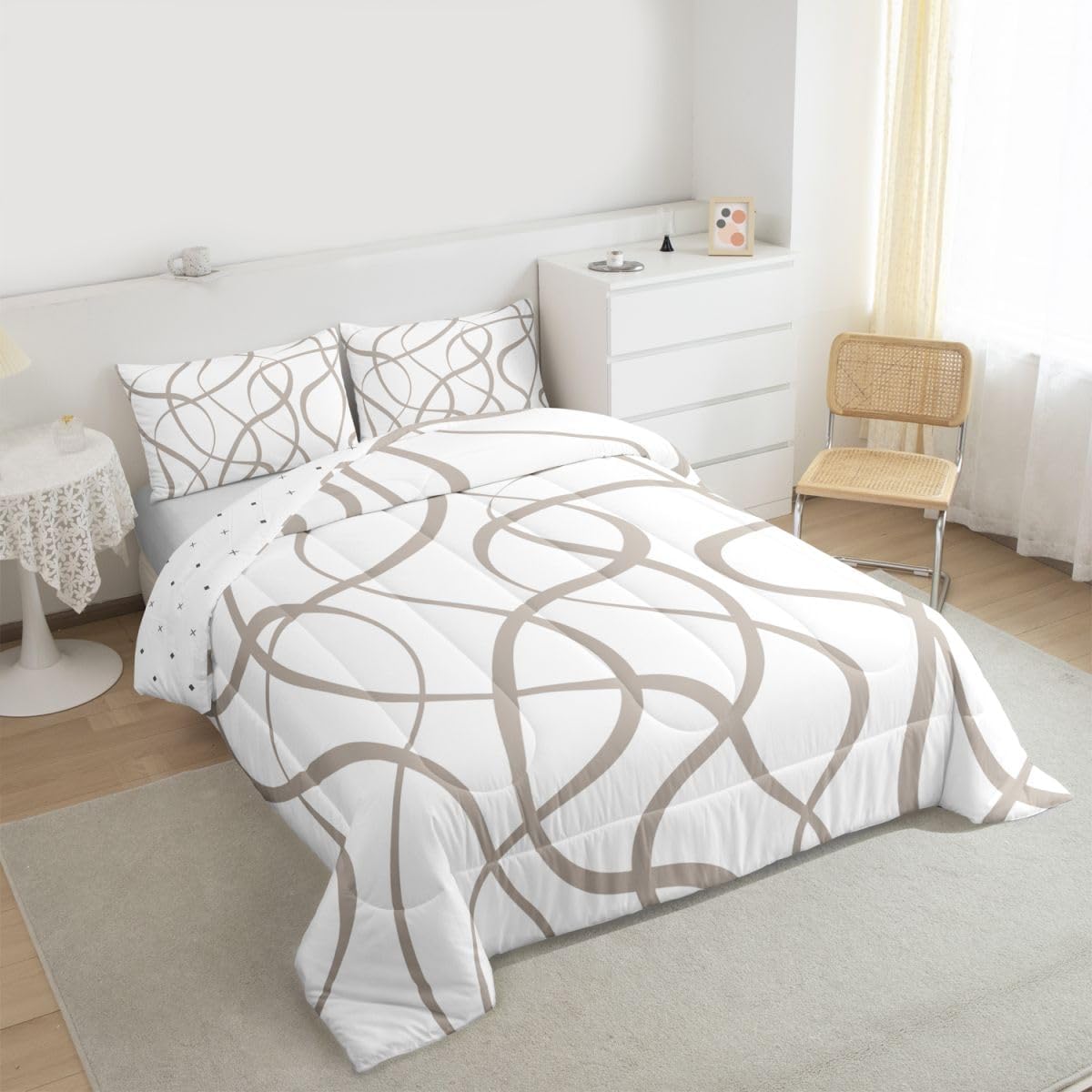 Feelyou Abstract Art Comforter Set Intertwined Ribbon Bedding Set with 1 Pillow Cases Curvilinear Geometric Toddler Minimalist Brown Curves Modern Abstract Lines Duvet Quilt Soft Lightweight