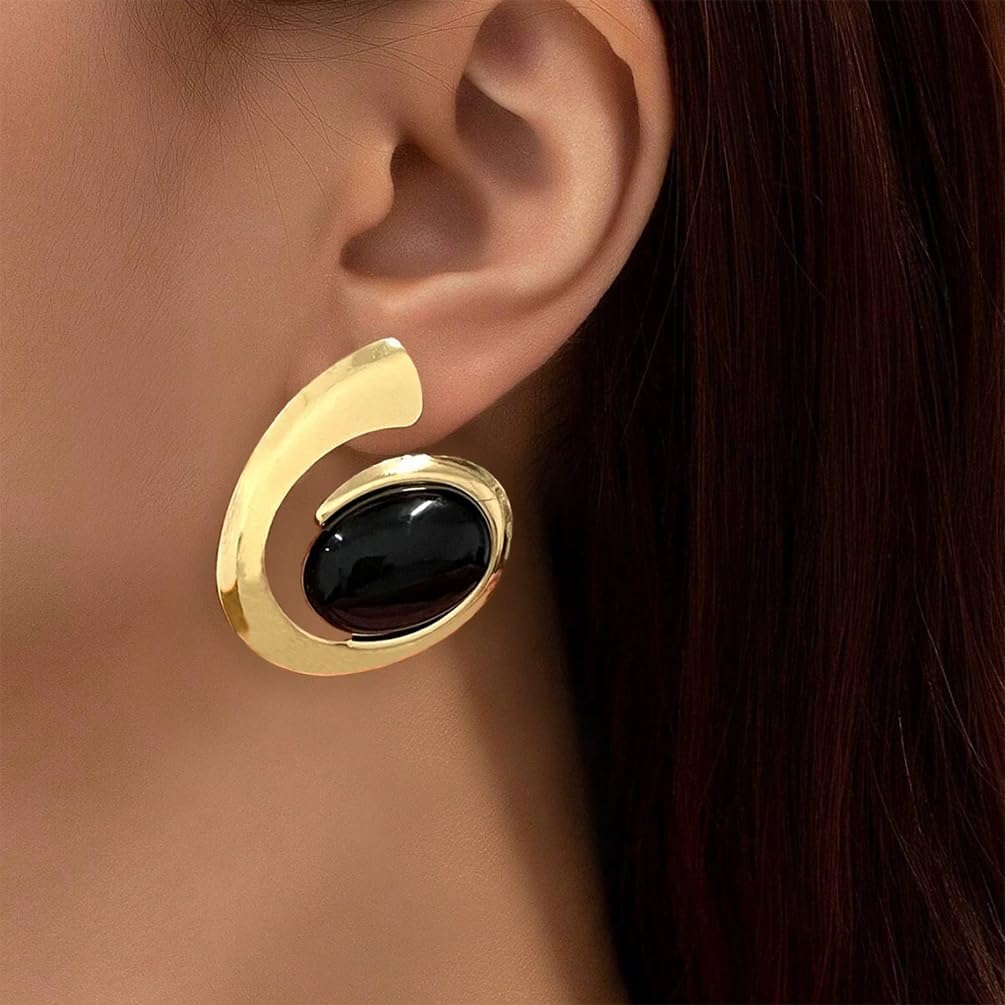 Chunky Gold Turquoise Swirl Stud Earrings for Women Statement Unique Black Oval Crystal Earring Vintage Jewelry Gift Western Party Costume Accessories - Image 6