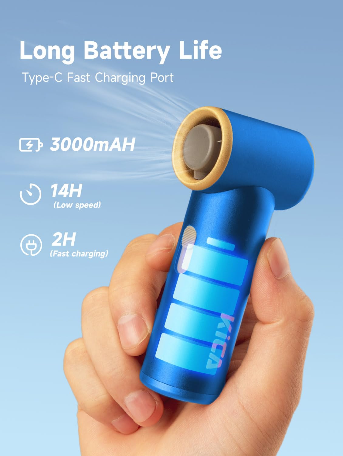 Kica Jetfan Mini Ventilatore Portatile,Ventilatore da Tavolo Silenzioso Ricaricabile Tramite USB,Ventilatore 3000mAh batteria[14ore di lavoro],Velocità regolabile liberamente,Scocca in metallo,Blu