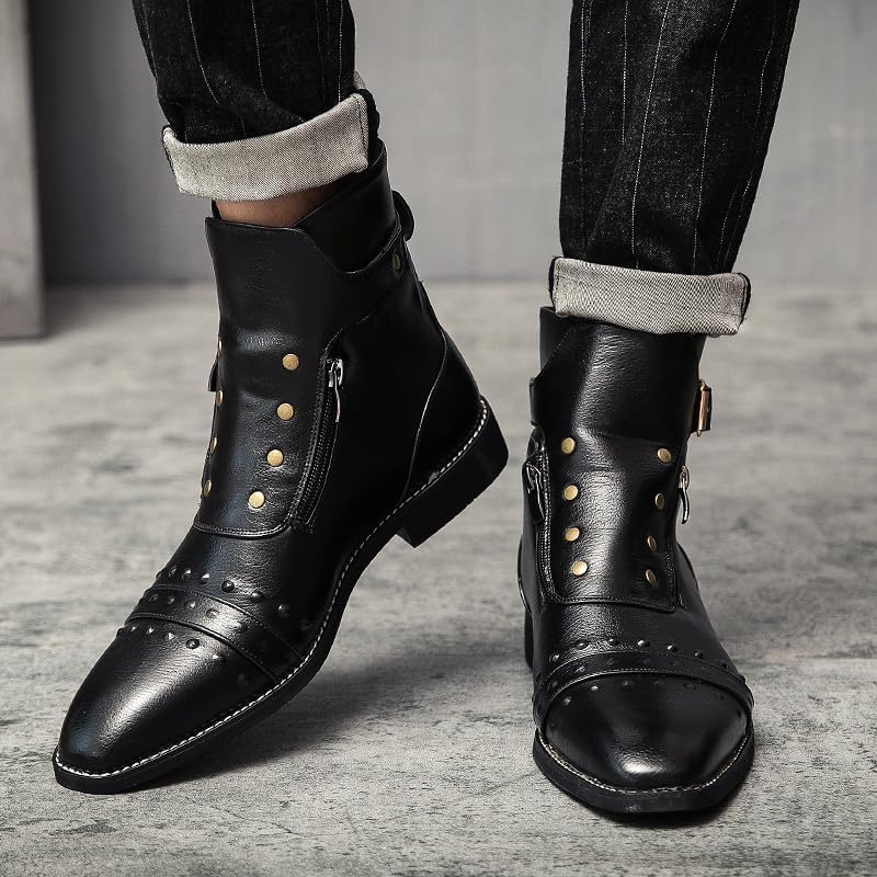 Santimon Men's Leather Motorcycle Ankle Boots Side Zipper Dress Casual Riding Punk Rock Plain Toe Studded Men Boots