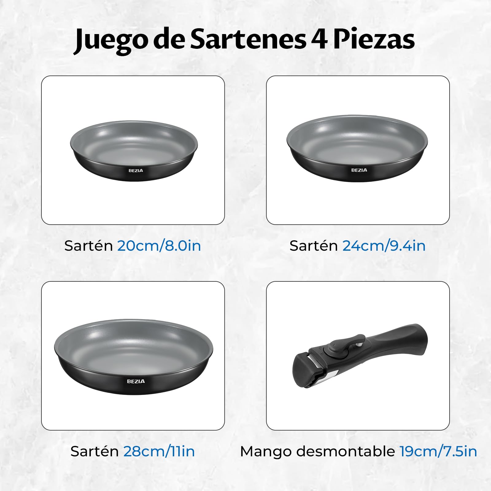 BEZIA Juego de Sartenes Antiadherentes con Mango Extraíble (20+24+28cm) Sin PFAS, Compatible Inducción/Gas/Vitro, Apto horno 240°C, Apilables para Autocaravana y Cocina, 40% más Ligeras que Inox