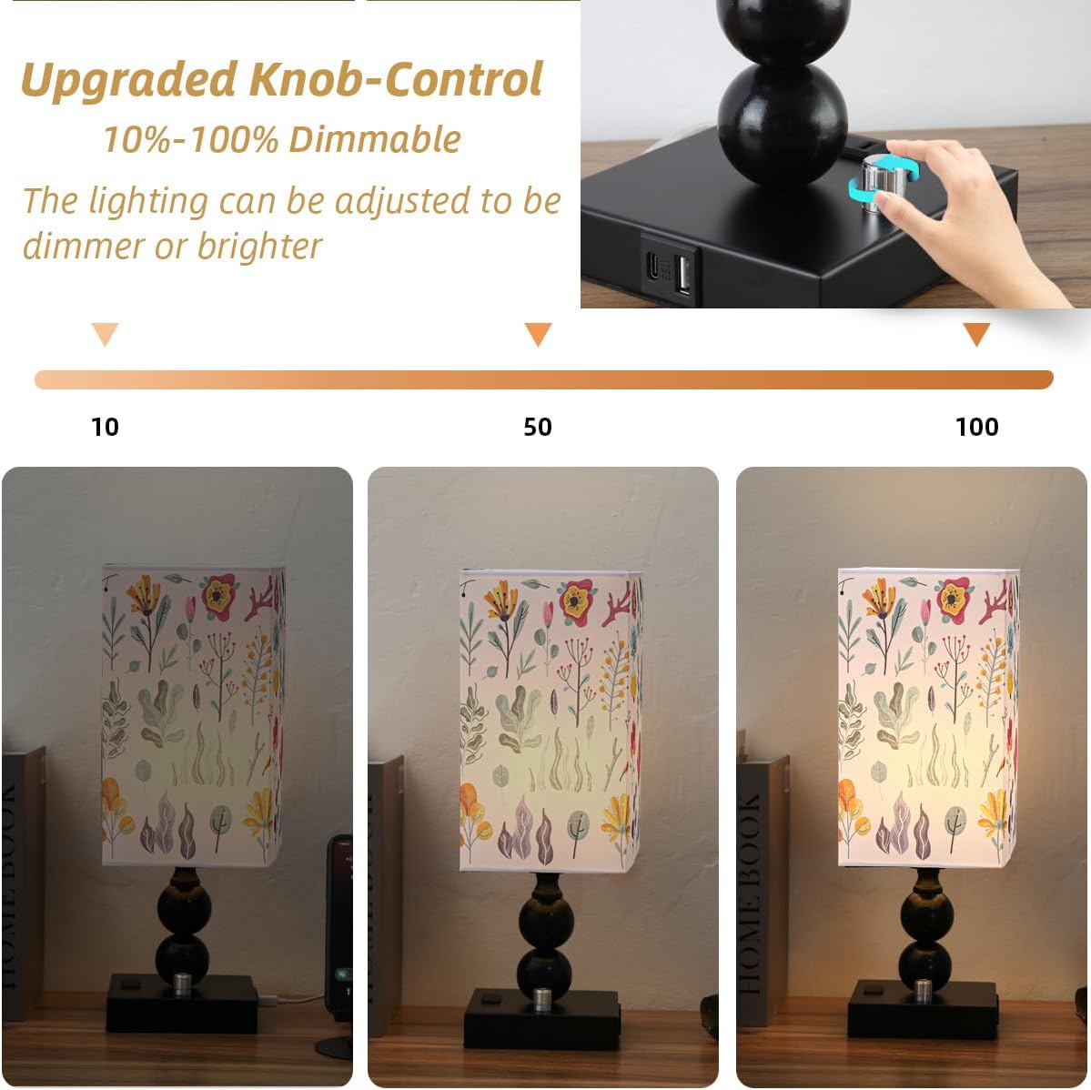 Bedside Table lamp Dimmable with Charging Station, Small end Desk Nightstand Lamps with USB Ports and outlets for Bedroom Living Room Office Reading Gifts Home Decorative LED Edison Bulb Included