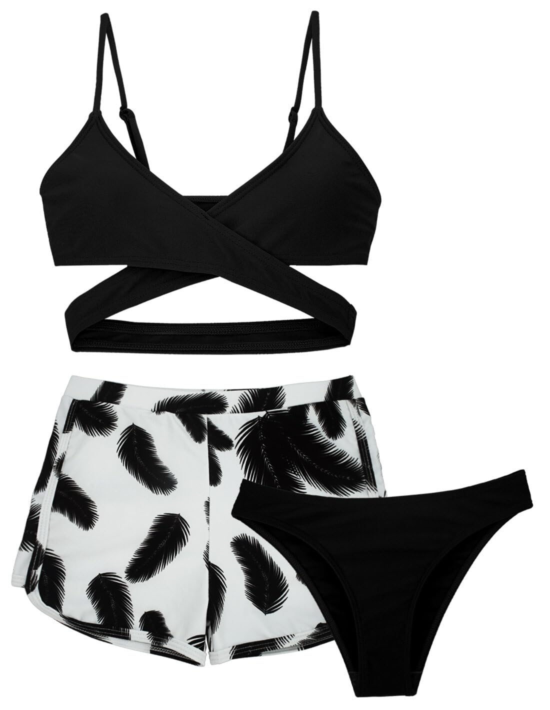 AIEOE Niñas 3 Piezas Bikini Traje de Baño de Estampado Tropical con Cover Up Shorts 8-14 Años