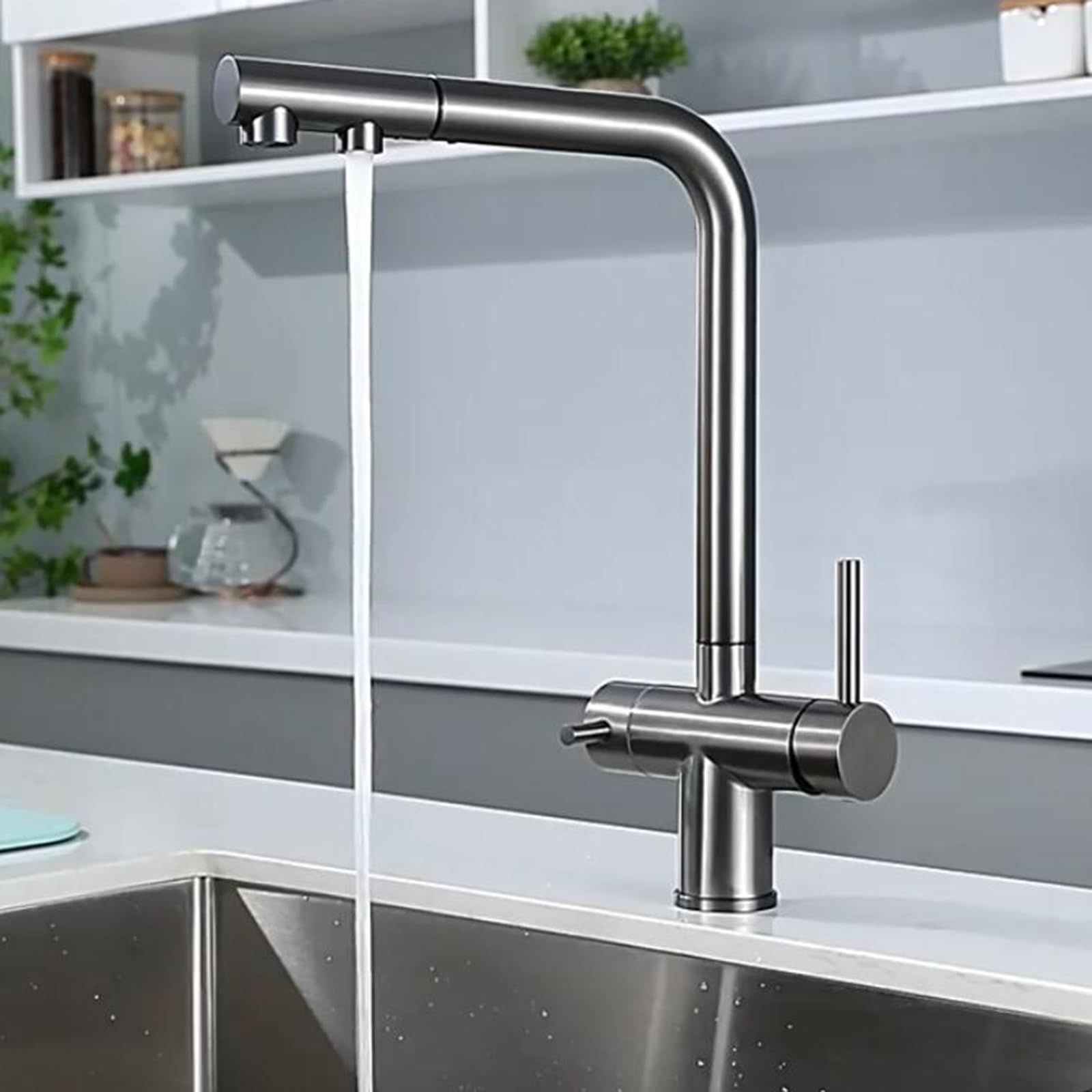 Grifo de Cocina Osmosis 3 Vias Extraíble Grifo de Cocina Acero Inoxidable 2 Mandos Grifo 3 Vias Osmosis-Oro Cepillado