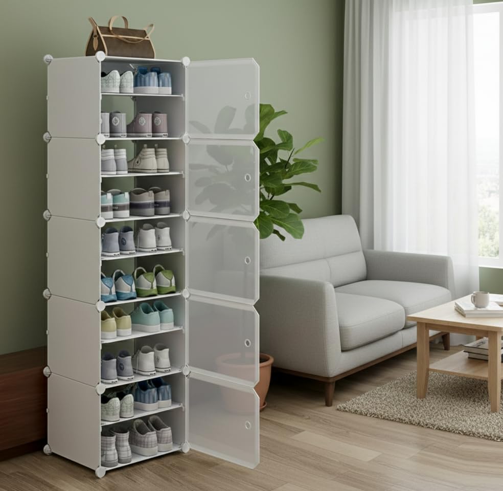 Image of KRISHYAM DIY Shoe Rack Organizer with 5 Doors | 20 Pair Capacity | Portable Shoe Storage Cabinet for Boots, Shoes & Slippers | 10 Shelves Closet Organizer (White)
