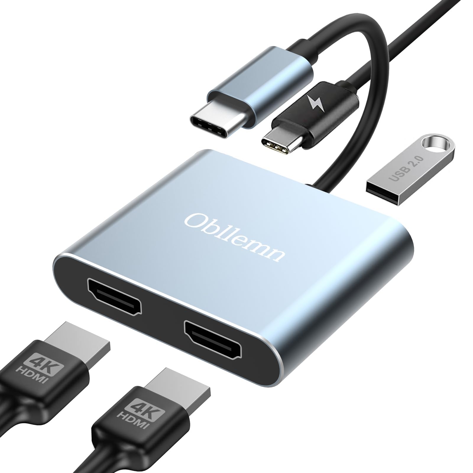 USB C a Dual HDMI Adapter 4K@60Hz, USB C Hub 4 in 1 Adapter con 2 HDMI 4k, USB 2.0, 100W PD, Compatible con MacBook/MacBook Pro Air/DELL/Samsung Galaxy