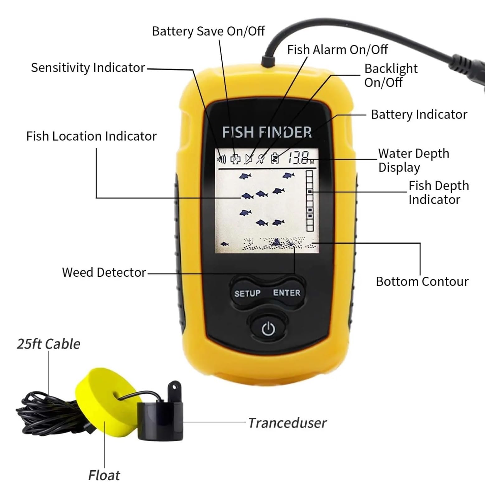 Sonda portátil for Pesca, Cobertura del Sonar, ecosonda, Alarma, transductor, Pesca en el Lago y el mar.