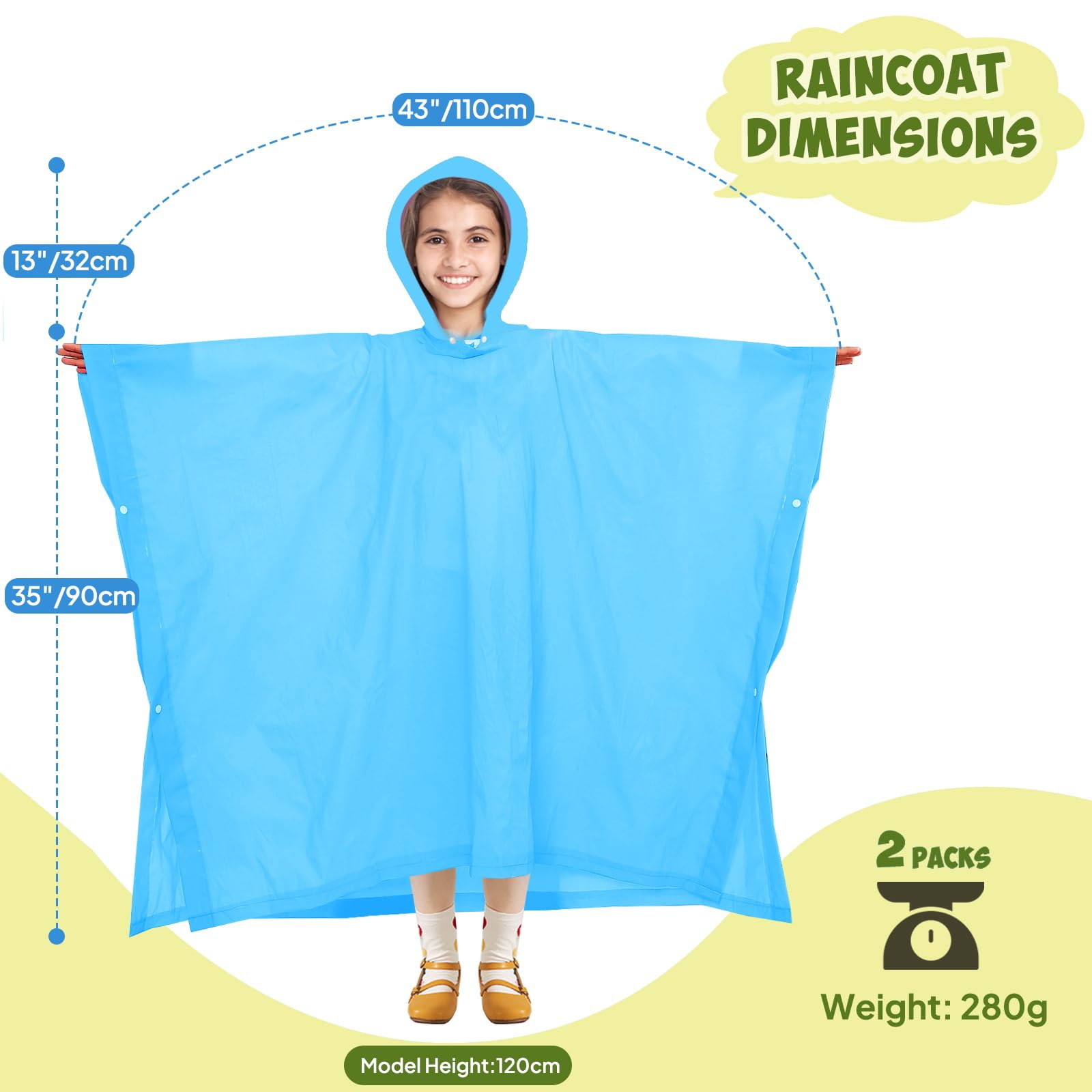 ANYOO Poncho de lluvia impermeable para niños y niñas, paquete de 2 capas de lluvia ligeras de PEVA con capucha grande para niños de altura de 100 a 150 cm
