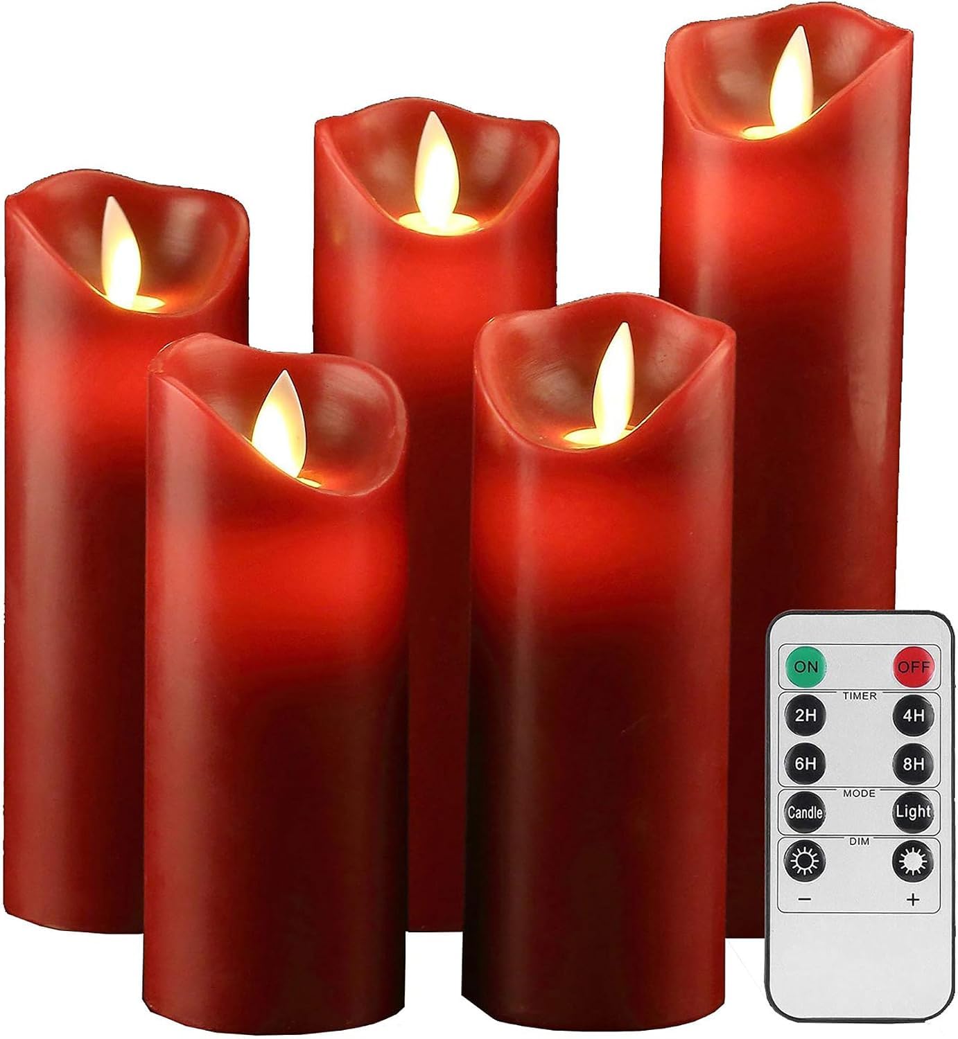 Auralome Flickering Candles Battery Operated - 5 Pack D2.2 Red Paraffin Wax Fake LED Flameless Pillar Candles Moving Wick Realistic Remote Control Timer Electric Artificial Home Christmas Decor