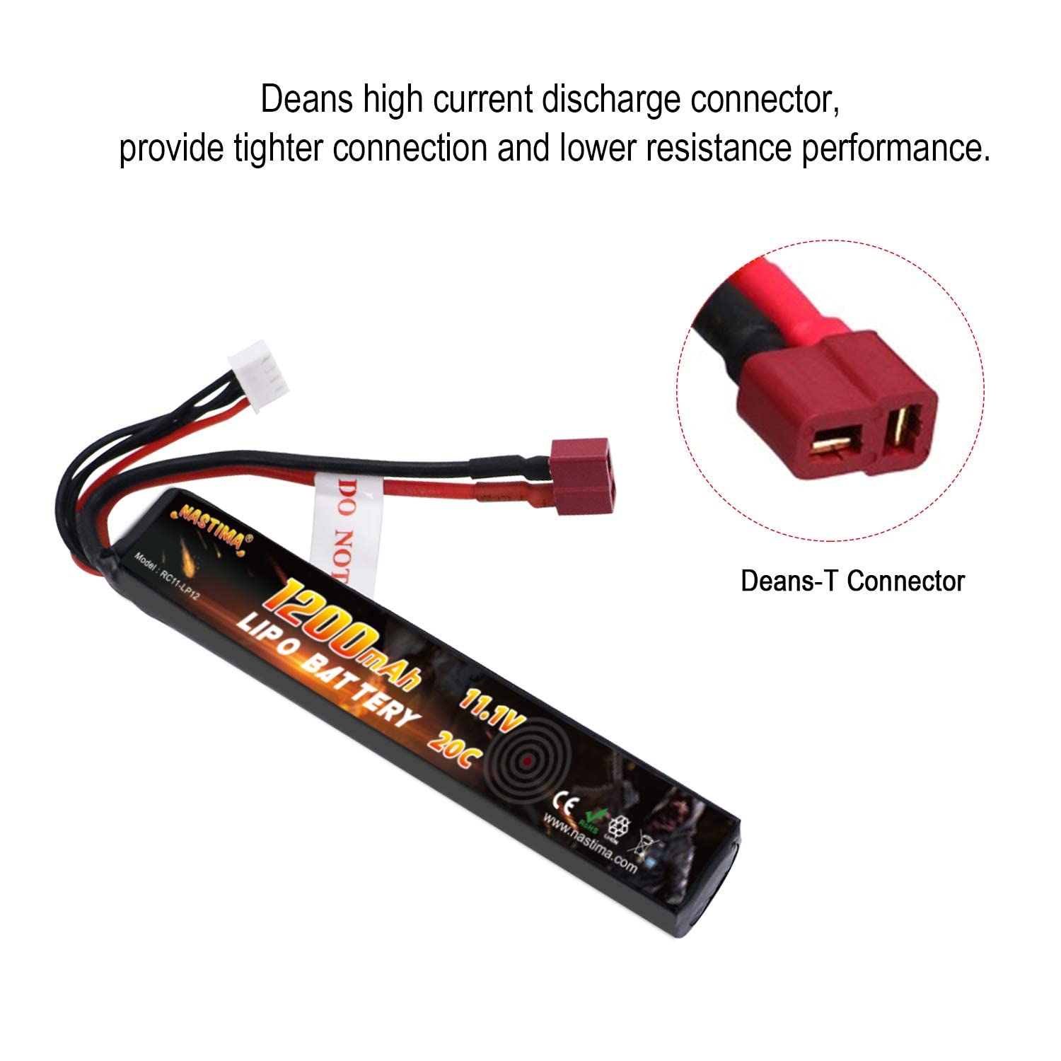 NASTIMA 11.1V 1200mAh Airsoft Stick Batteria, 3S 20C Lipo Batteria con Connettore Deans-T per Airsoft Guns AK47, MP5K, MP5, Scar, M249, AUG, AEG