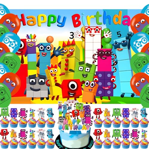 Number Blocks Birthday Party Decorations Cartoon Number Advanture Banner Cake Toppers Theme Party Decorations for Boys Indoor Outdoor Birthday Party Supplies Backdrop 5 * 3FT)