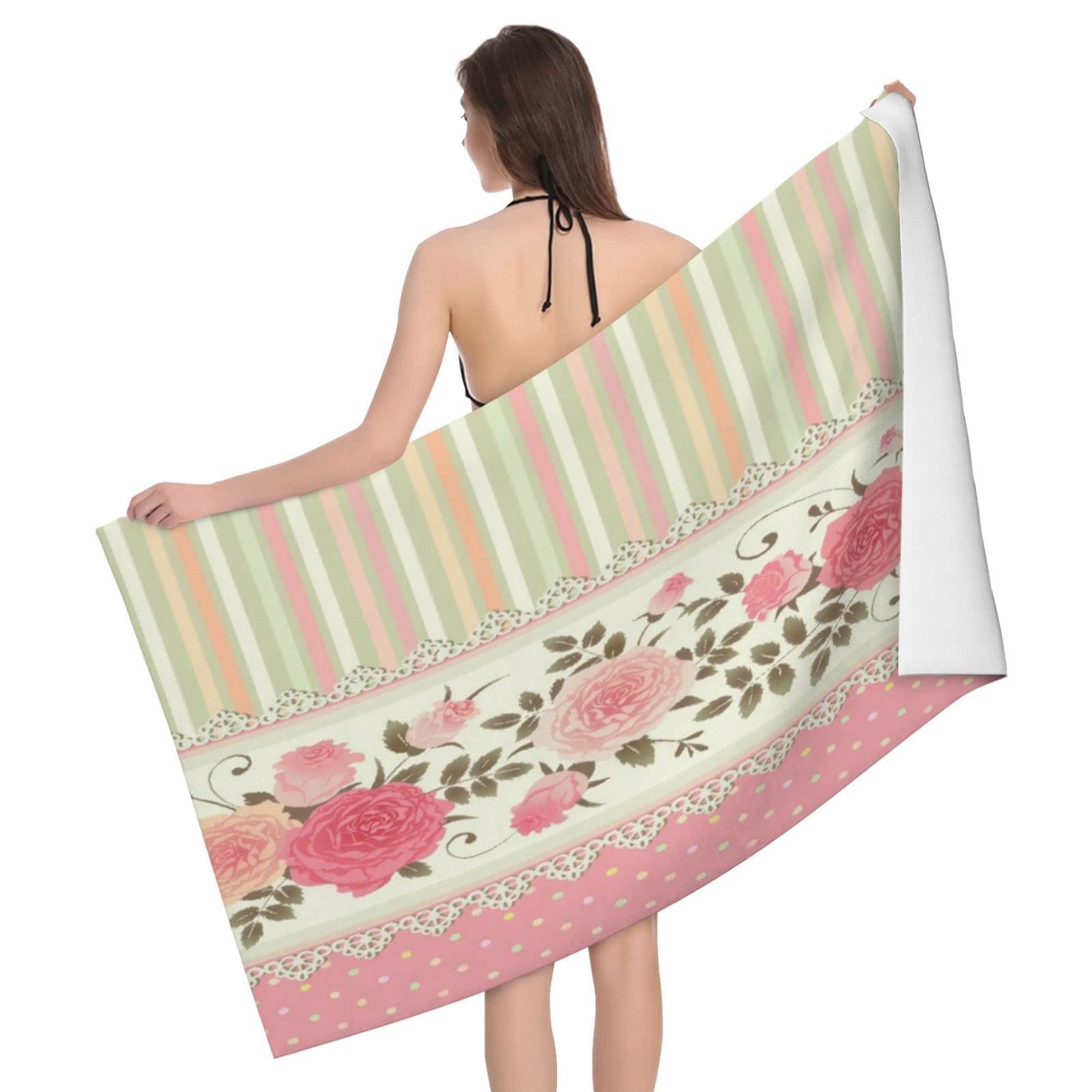 Serviette de bain motif fleurs et pois roses style vintage shabby chic en coton léger