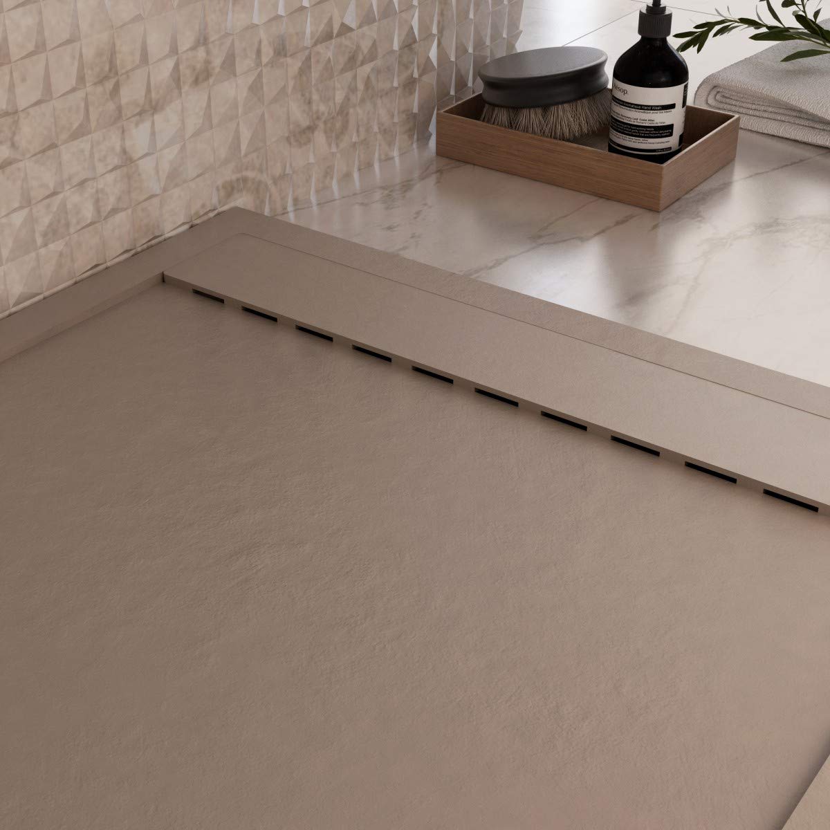 Luminosa ArredoBagno Piatto Doccia Resina 140x70 - Effetto Pietra Antiscivolo con GELCOAT - Modello Luxury Moka - Griglia in Tinta Unita e piletta Incluse