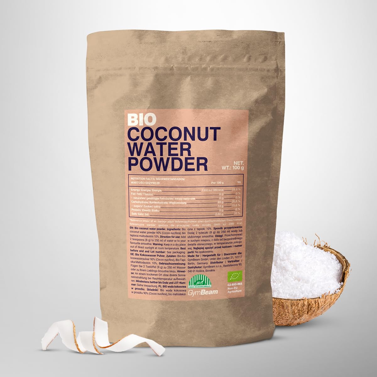 GymBeam BIO Kokosnusswasser-Pulver - Schonend getrocknetes Kokosnusswasser aus BIO-Kokosnüssen, 29,8 kcal pro Portion, glutenfrei, laktosefrei, vegan, süß und erfrischend, 100 g