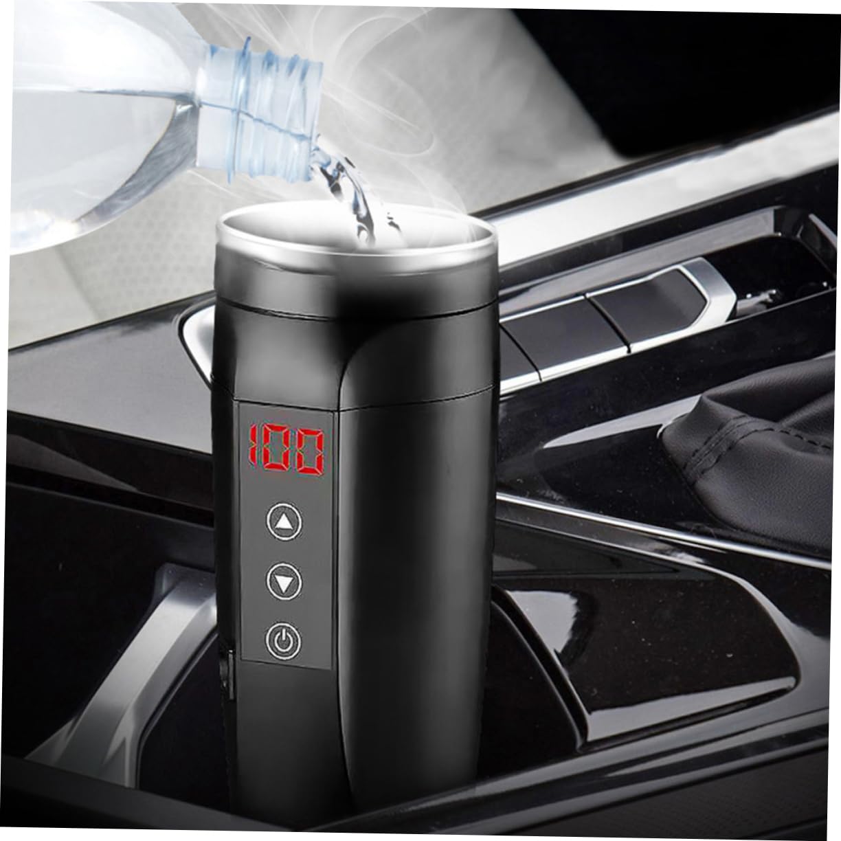 Cabilock Taza Calefactora Eléctrica para Coche 90w Pantalla de Temperatura Acero Inoxidable Negro Compatible 12v-24v para Viaje y Camping Portátil