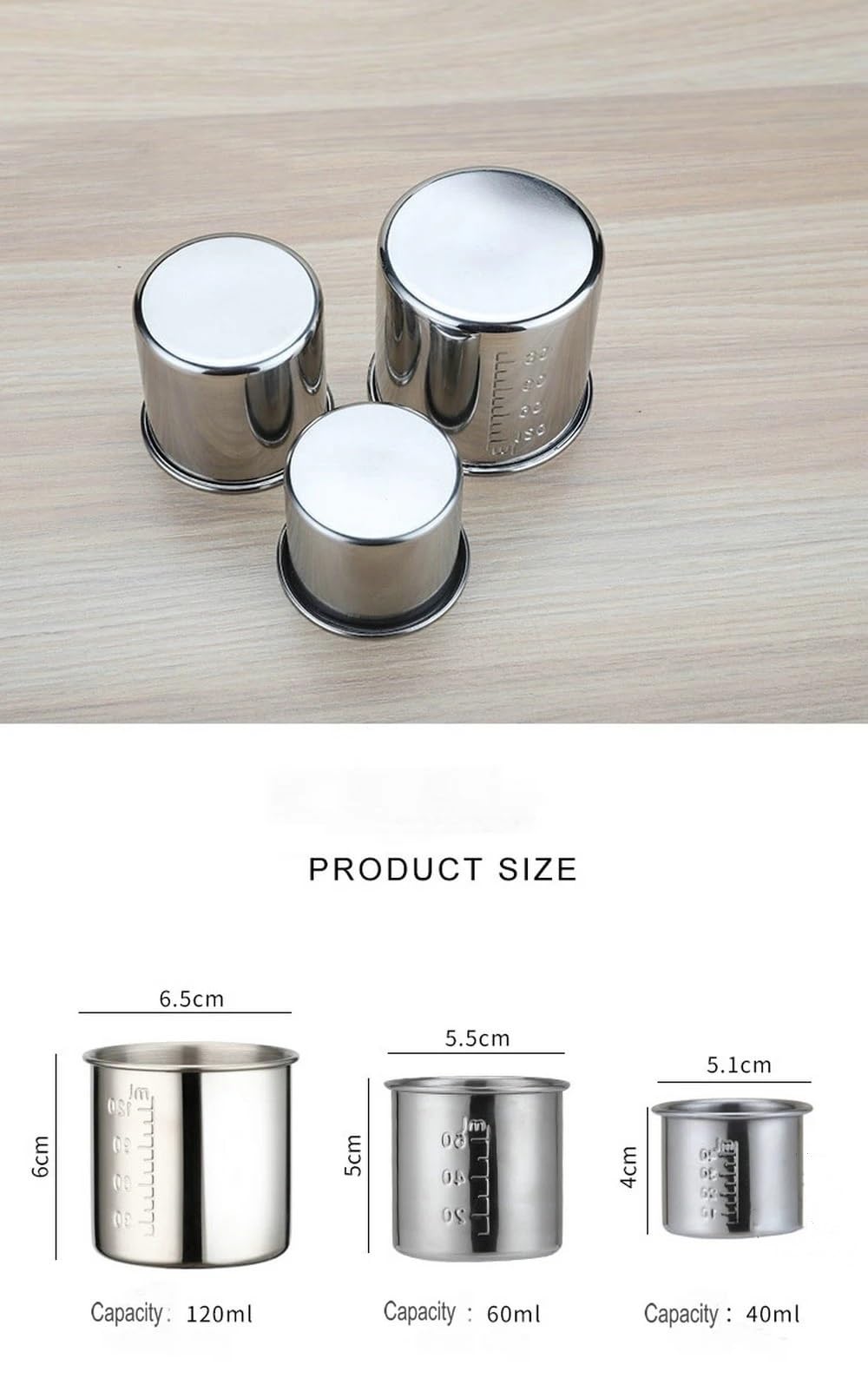 Dosierbecher aus Edelstahl – 40 ml, 60 ml, 120 ml – Jodophorbeständiger Laborbecher mit Skala, 1 Stück(60ml)