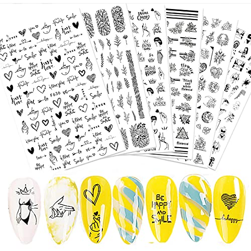 Flowers Nail Art Stickers, Heart Nail Decals 3D Self-Adhesive Black Abstract Lady Flower Leave Nail Design For Acrylic Nail Manicure Tips Decoration For Women Girls 8 Sheets #TOP4