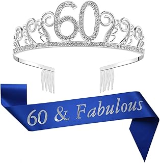 60th Birthday Tiara and Sash Blue Glitter Satin Sash Crystal Rhinestone Tiara Crown for 60th Birthday Party Supplies Favors Decorations Birthday Cake Topper
