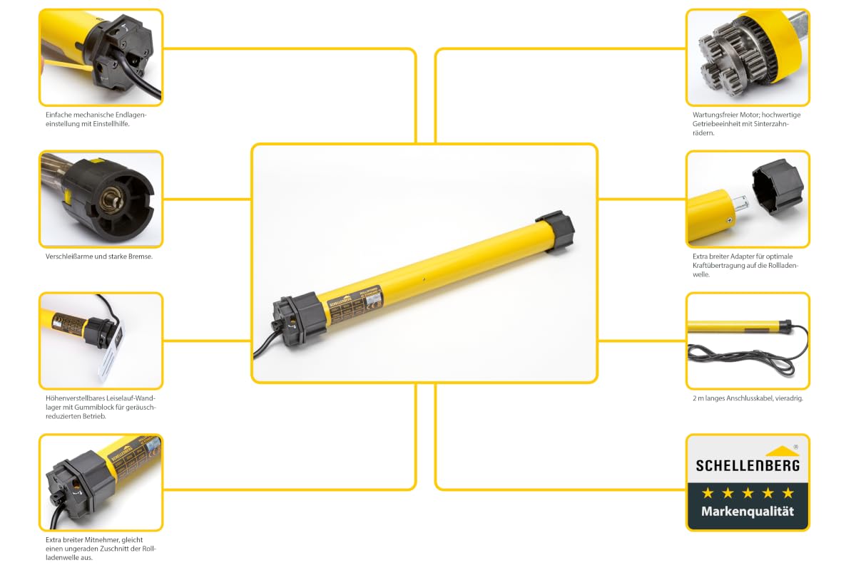 Schellenberg 20640 Rolladenmotor MAXI Standard 40 Nm, mechanische Endlageneinstellung, Rohrmotor für 60 mm Welle, bis 15 m² Rollladenfläche, Set inkl. Wandlager