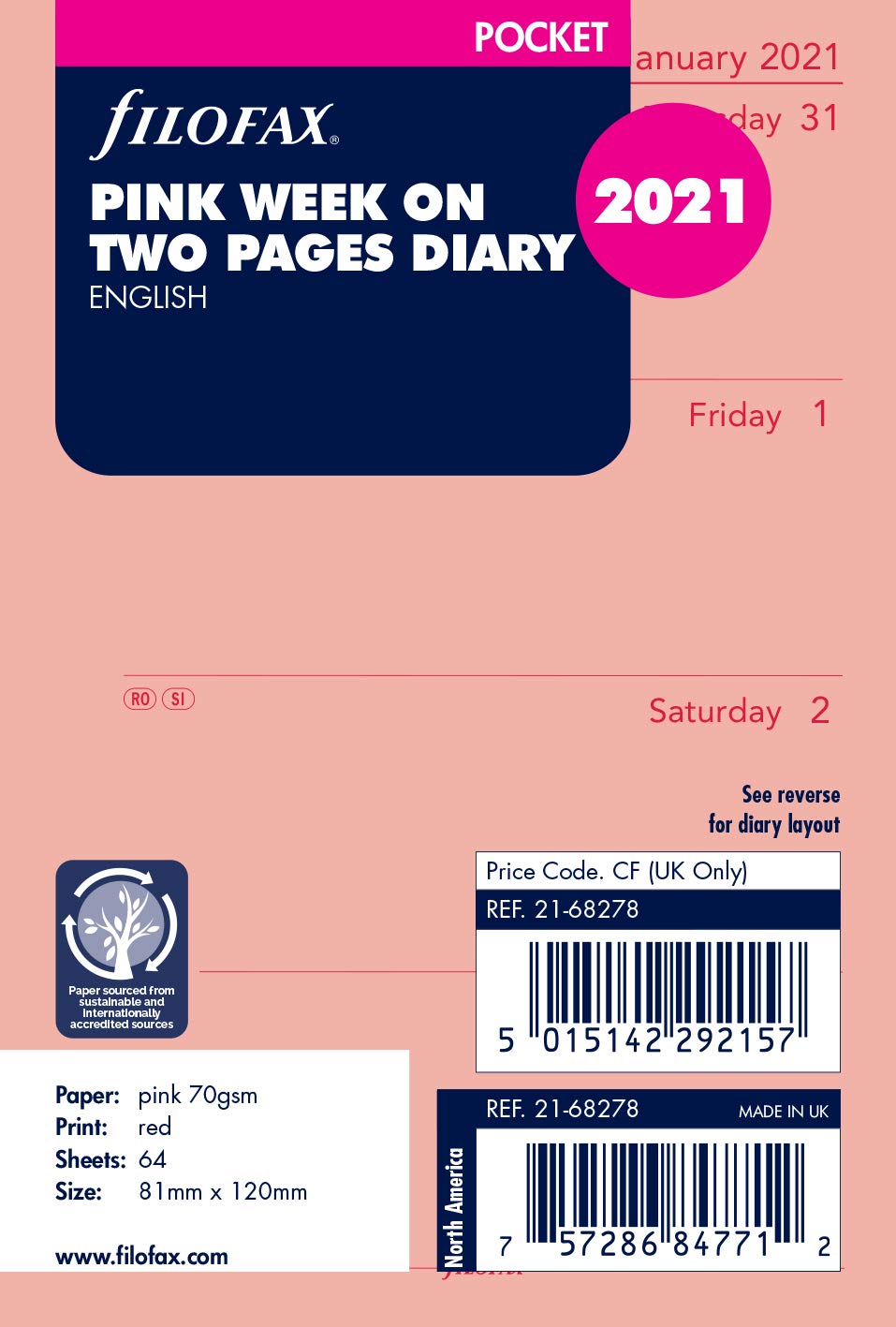 Filofax 21–68278 Recharge pour agenda 2021 Rose