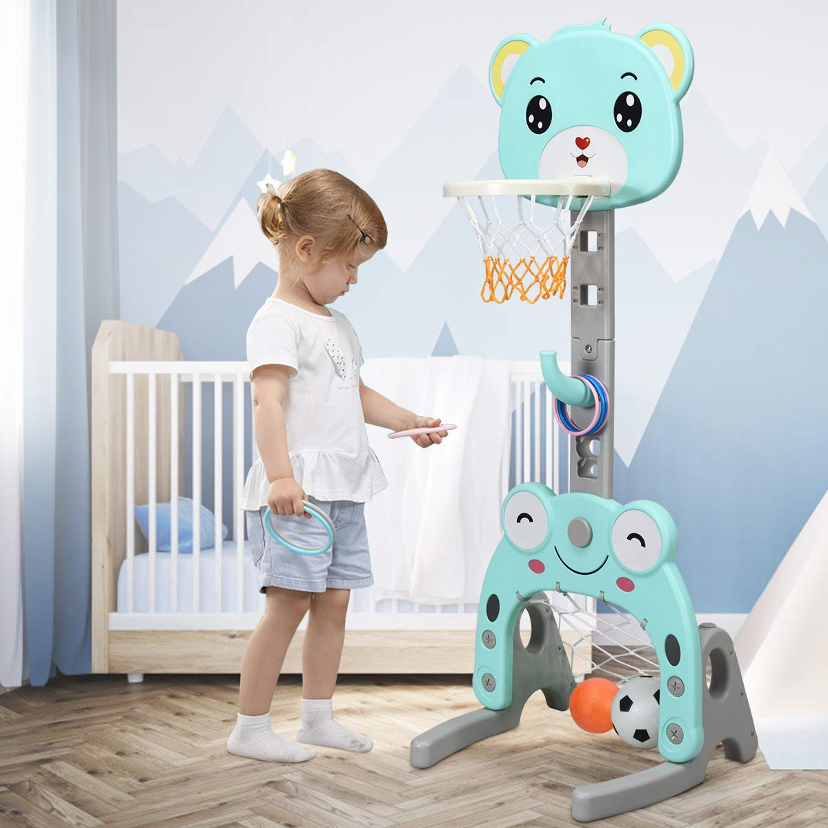 RELAX4LIFE 3 in 1 Canestro Basket per Bambini con Gioco Dell'Anello, Pallacanestro, Porta da Calcio e Golf, Altezza Regolabile 133-158cm, per 2-5 Anni (BLU)