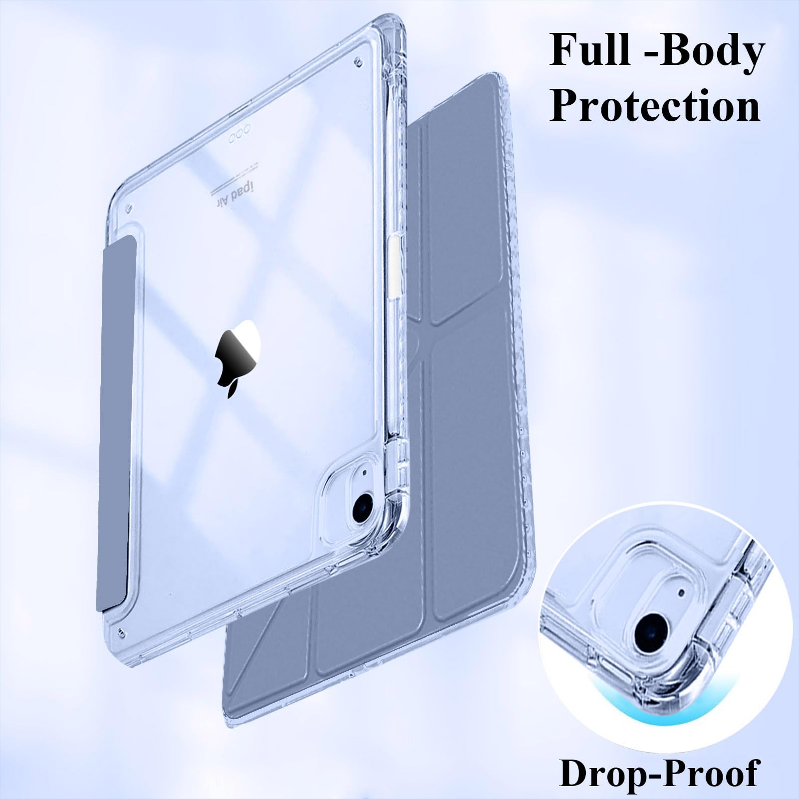 Custodia per iPad Air 11 Pollici M4/M3/M2 (2026/2025/2024) Cover, iPad Air 5a/4a 10,9 Pollici con Portapenne, 6-in-1 Molteplici Angoli di Visione, Trasparente Posteriore