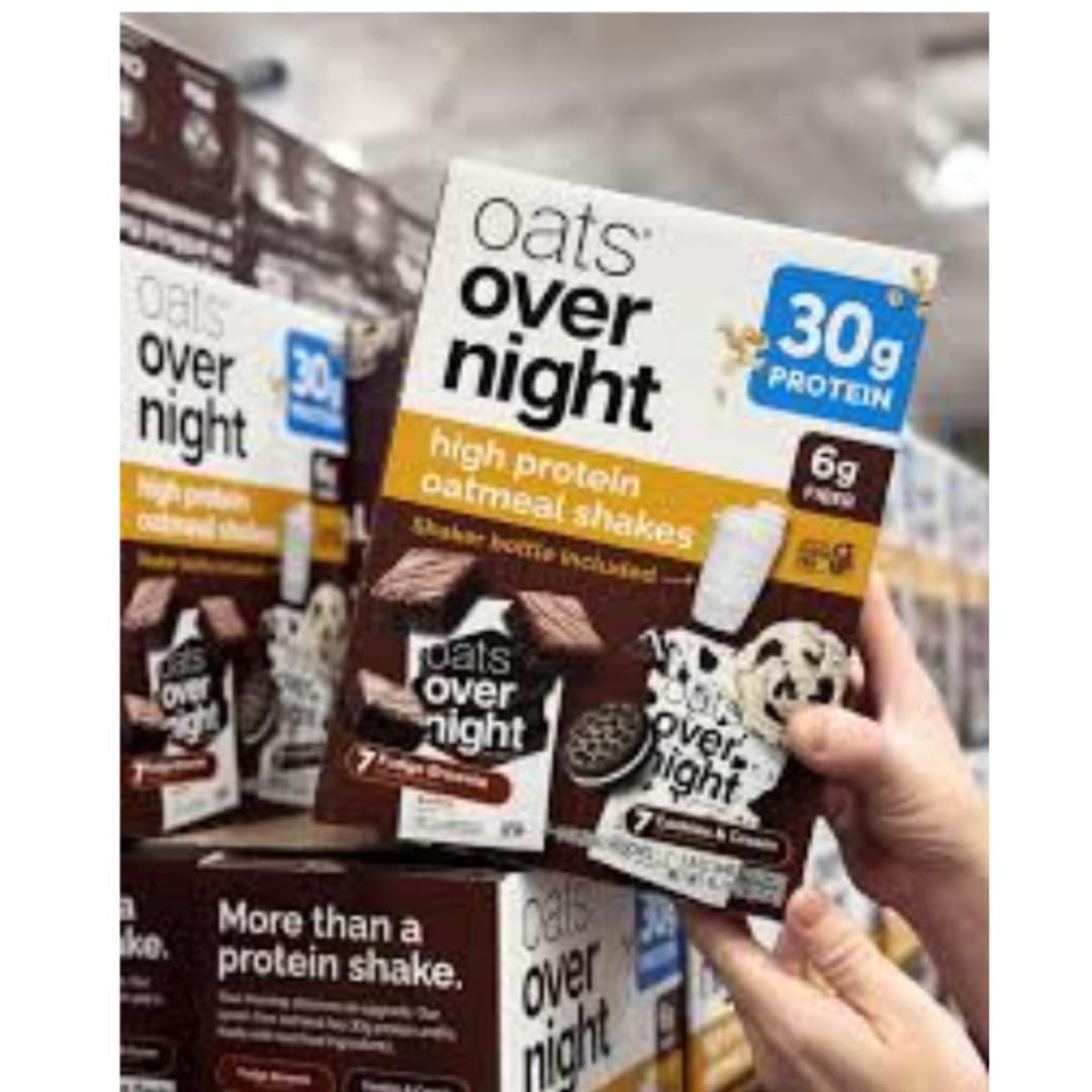 Oats Overnight Variety Pack, 30g Protein Oatmeal Shake, Cookies & Cream & Fudge Brownie, High Protein Breakfast Drink Mix, Just Add Milk, 14 Pack + Shaker Bottle Included