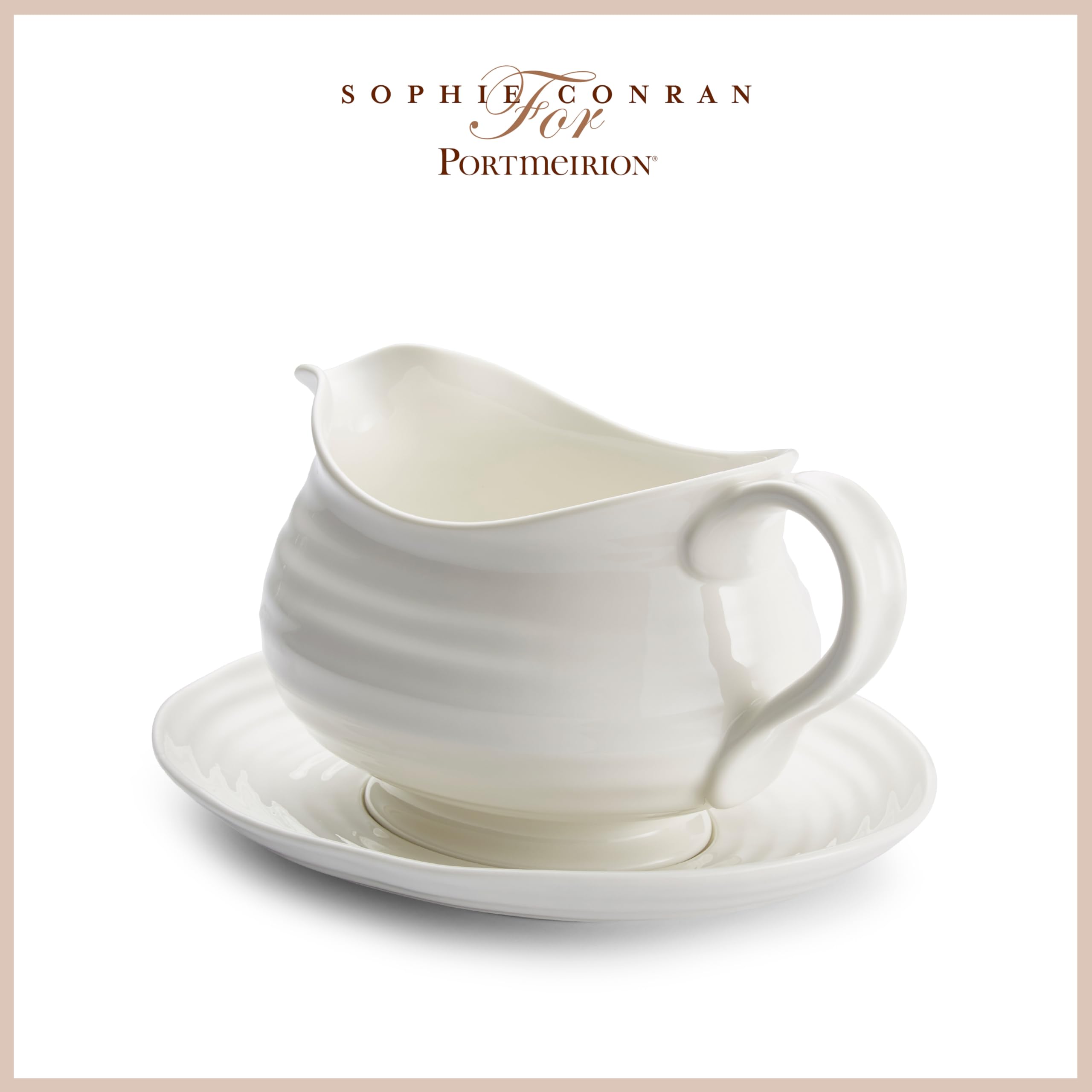 Portmeirion Sophie Conran Saucière en Porcelaine de 680,4 g avec Support, Vaisselle élégante pour Sauce, vinaigrettes, Design Artisanal, Durable, Passe au Micro-Ondes et au Lave-Vaisselle (Blanc)