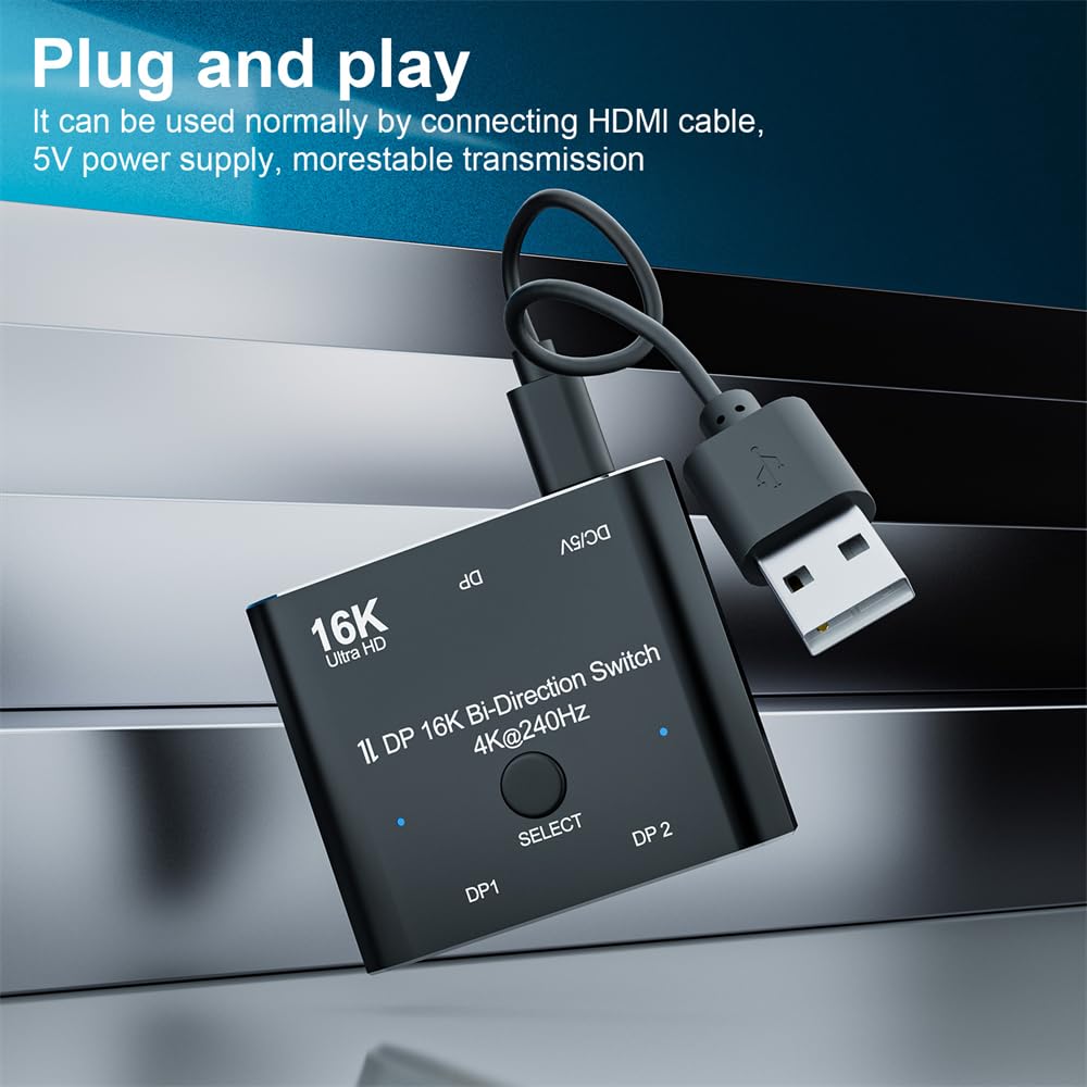DP DisplayPort 2.0 Dwukierunkowy 2x1 Przełącznik Splitter Selector Hub Wsparcie HDCP SST Extended 16K @ 60Hz 4K @ 240Hz Konwerter