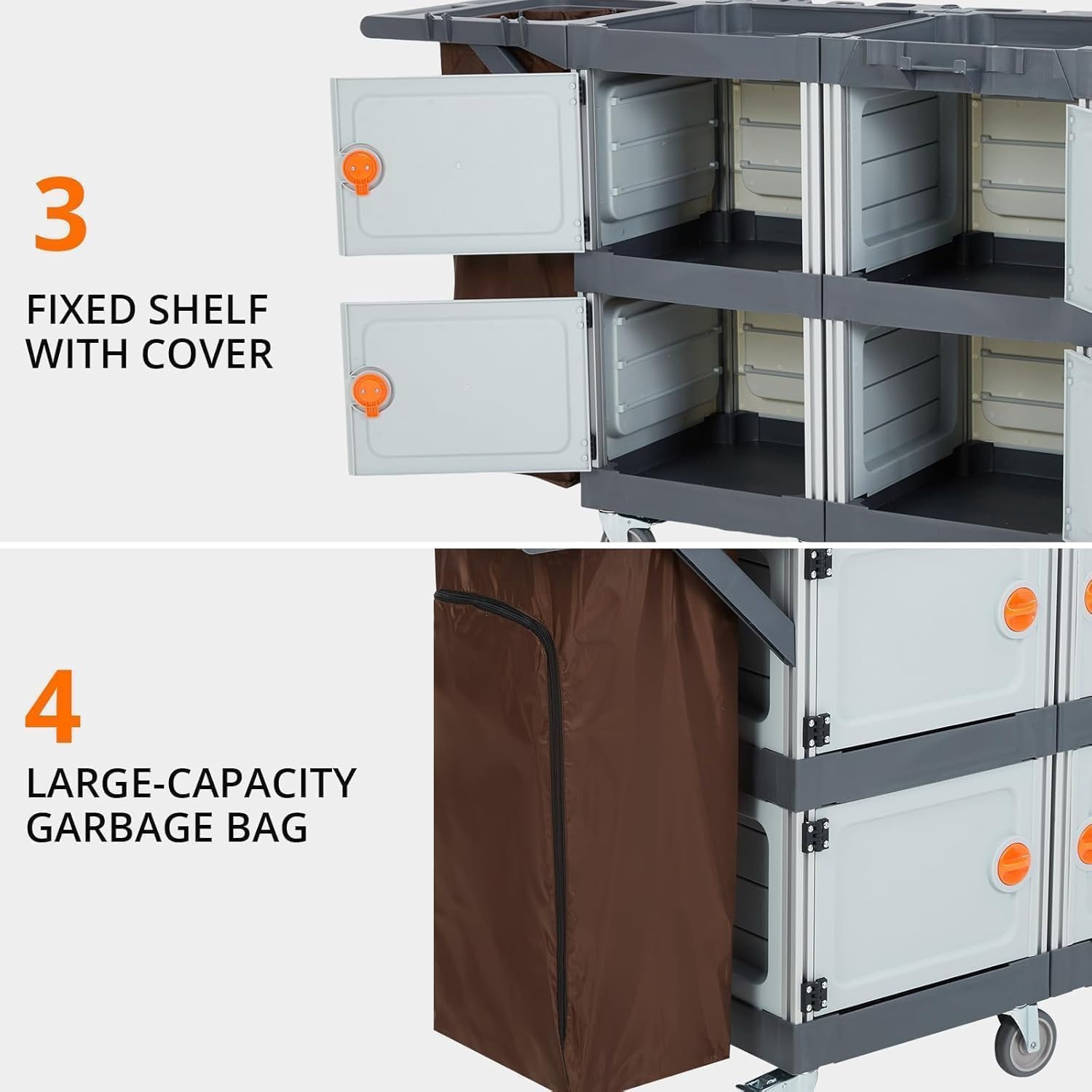 Carrello di Pulizia Professionale - 6 Ruote, Armadietti e Ripiani, Sacco in Vinile, Capacità 300L - Uso Commerciale per Hotel, Ospedali, Uffici - Colore Germany