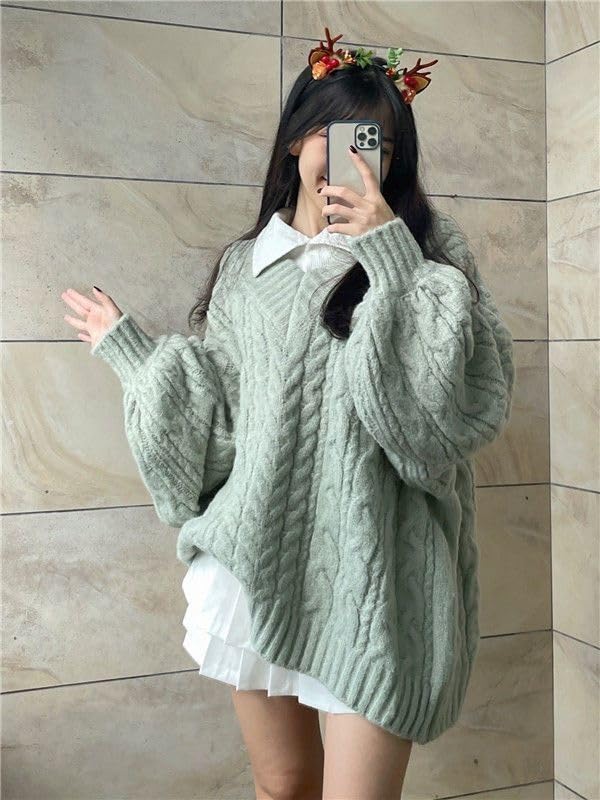 Image of Women's Y2K Oversized Chunky Cable Knit Sweater Casual Long Sleeves V Neck Pullover Tops