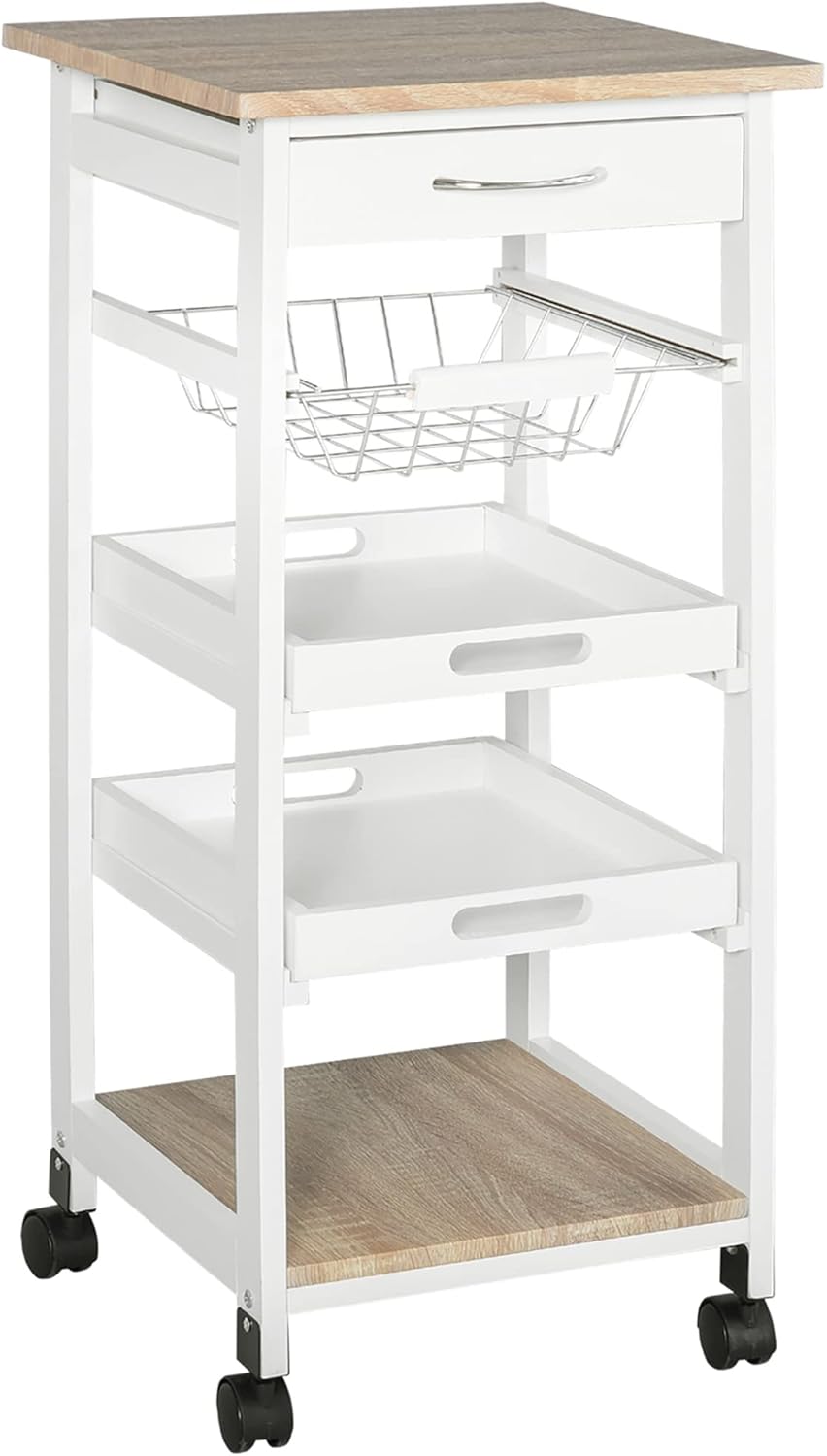 White Mobile Kitchen Cart with Solid Wood Frame Rolling Kitchen Island Storage Utility Cart with Wire Fruit Baskets Trays and Drawer for Home Kitchen Organization