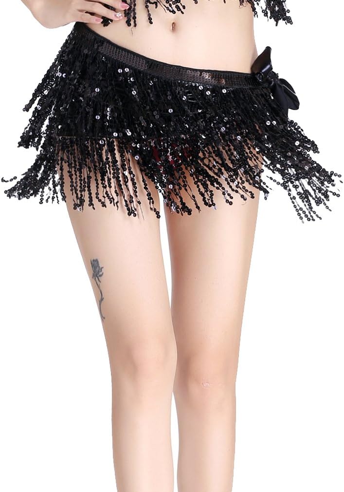 Women's Belly Dance Hip Scarf with Three Rows of Sequins Fringe