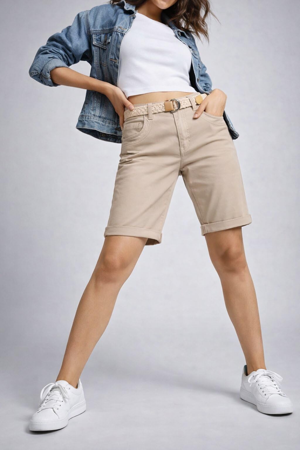 Sublevel Bermuda pour femme avec ceinture, short chino court avec revers en coton, short d'été décontracté, coupe droite