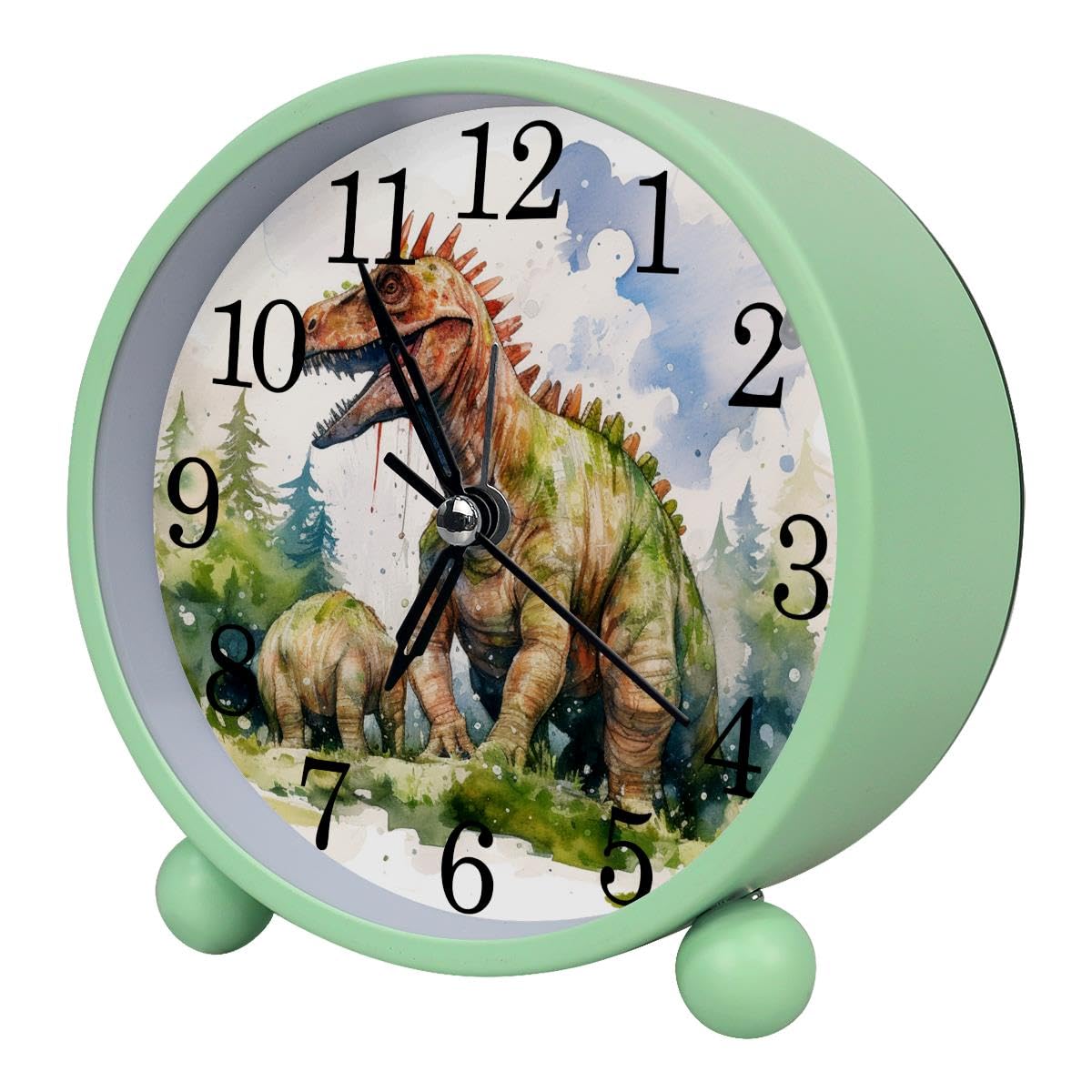 Alarm Clock Watercolor Dinosaurs, Silent Non-Ticking with Night Light