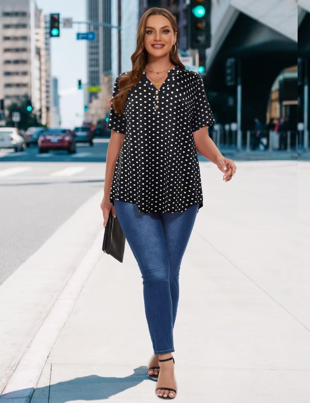 MONNURO Womens Plus Size Tops Short Sleeve Henley Button Down T Shirts Business Blouses Casual Tunics For Leggings - Image 5