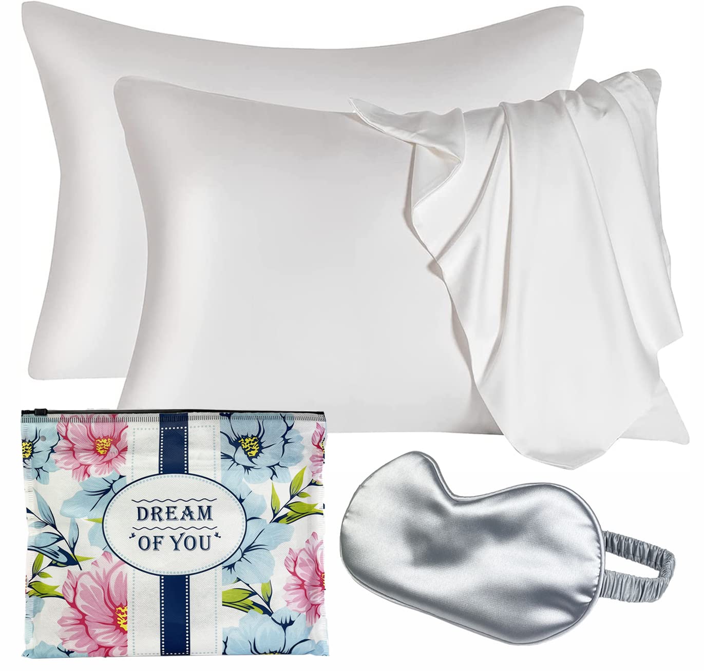 SwiftMulberry Silk Pillowcase Set - 2 Queen Size Pillow Covers with Eye Mask, Double-Sided, Breathable & Smooth for Hair and Skin Care, Envelope Closure - White