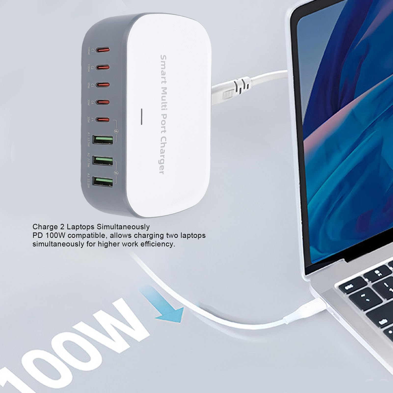 Ładowarka Biurkowa 200 W, 8-portowa Stacja Szybkiego ładowania USB z PD 100 W, Wieloportowa ładowarka USB C do Telefonu, Laptopa, Tabletu, Inteligentna Alokacja Mocy, (wtyczka UE)