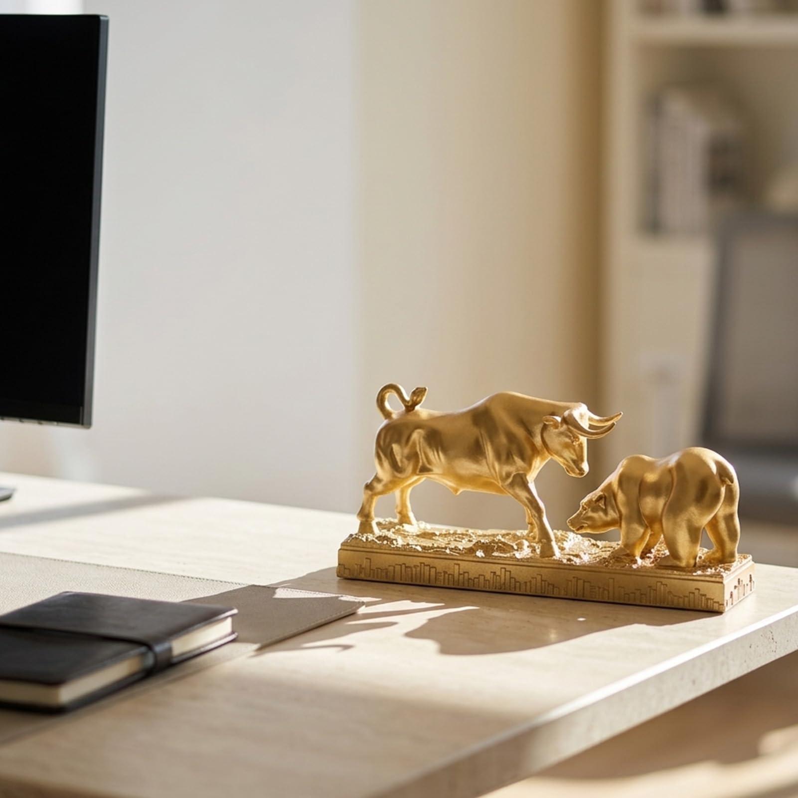 orenm Statue de taureau et ours pour bureau, sculpture de Wall Street Finance, décoration de marché boursier en résine, cadeau pour investisseurs et commerçants (doré)