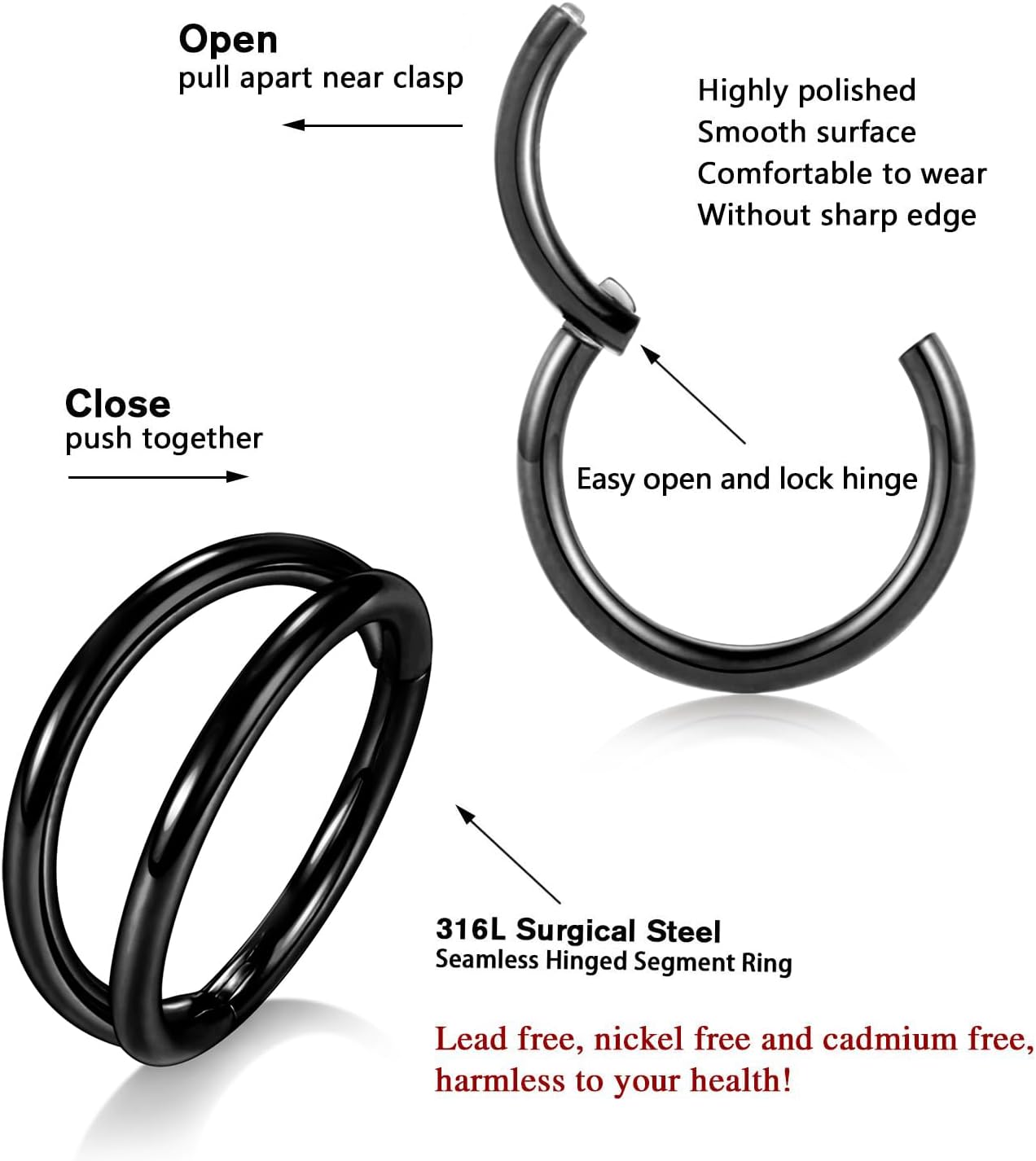 PEAKLINK Double Nose Hoop Ring Sets Hinged Segment Ring Seamless Clicker Ring 20G 18G 16G Septum Jewelry Conch Helix Cartilage Daith Rook Tragus Lobe Hoop Earrings 6mm to 12mm