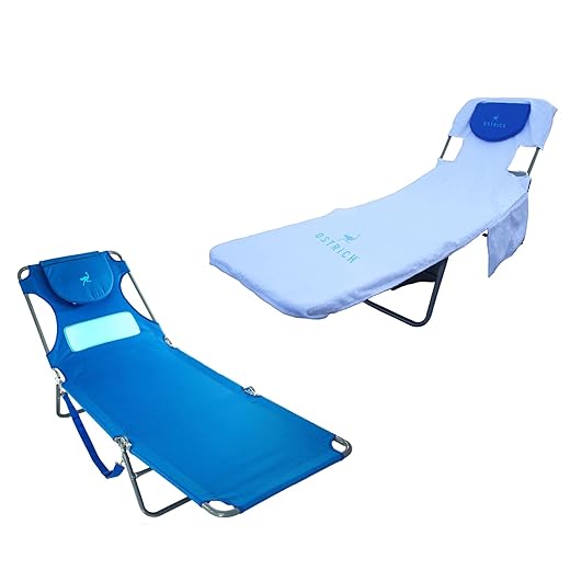Ostrich Ladies Comfort Blue Lounger + White Towel | Patio Lady Chaise Lounge & Custom Fitted Chaise Towel | Portable & Lightweight | Beach/Pool Ladies Lounger with 3 Position Folding