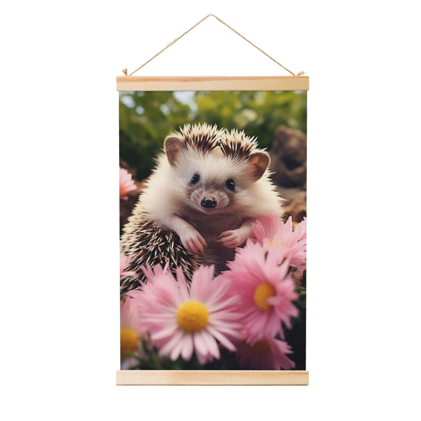cute hedgehog in flowers Poster Wooden Shaft Hanging Poster Wall Hanging Banner Canvas Artwork with Wood Frames 20"x30" Modern Artwork Decor Ready to Hang Wall Art for Home Decor Scroll Painting