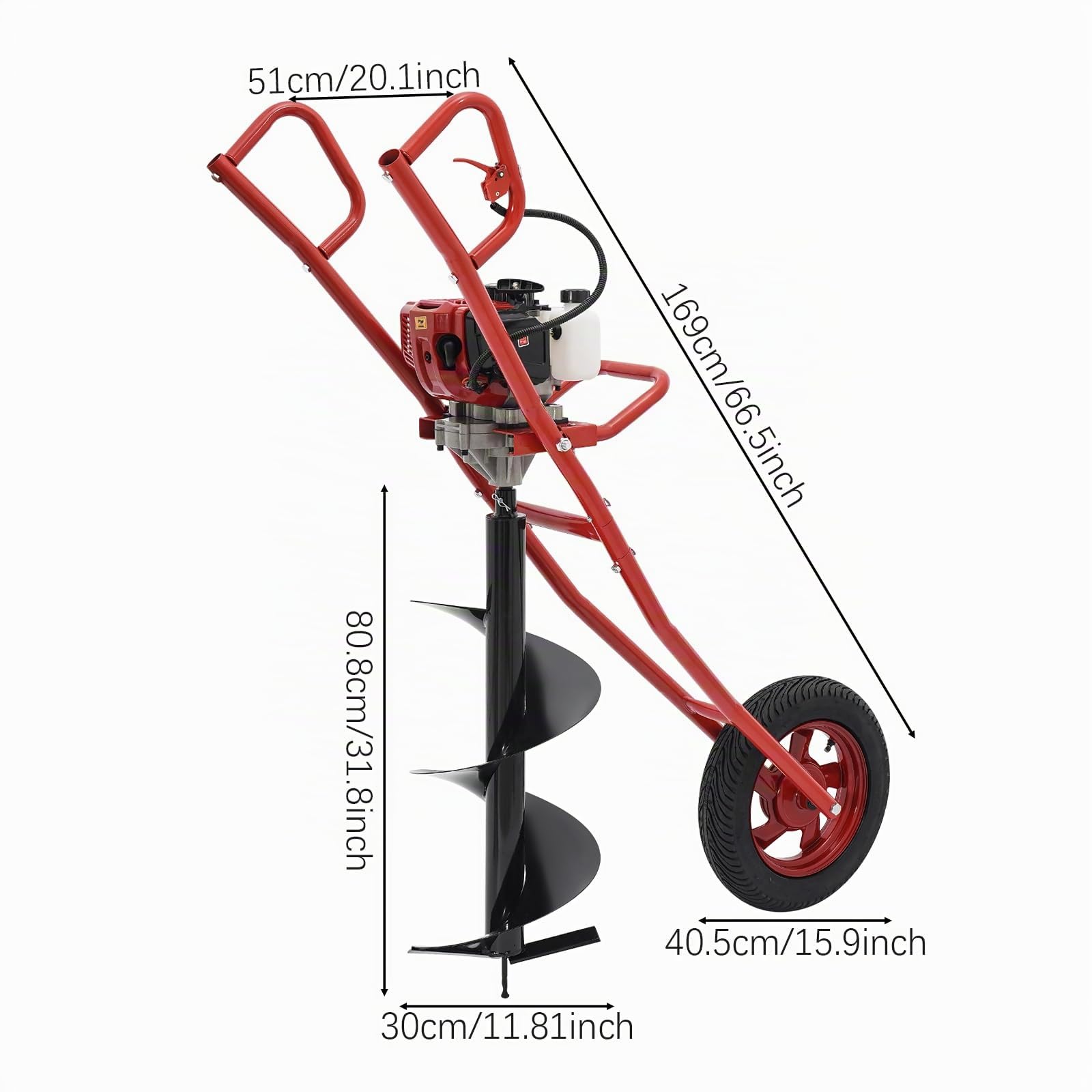 Tarière à 2 temps 52 CC pour perceuse à 1 roue, 1460 W, 8800 ± 300 tr/min, tarière pour creuser, poteaux de boîte aux lettres, installation de clôtures et terrasses.