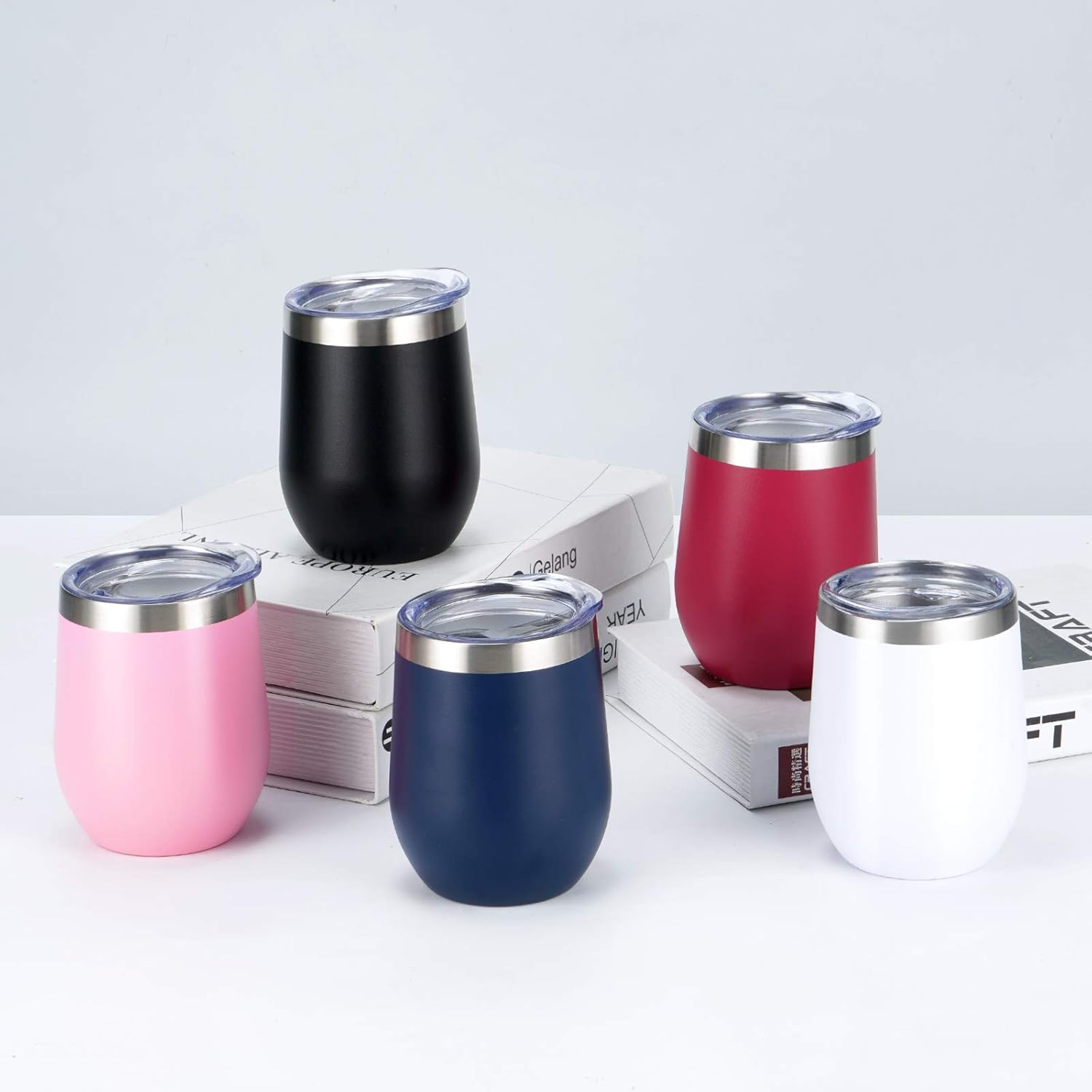 6 Pack Stainless Steel Wine Tumblers, 12Oz Insulated Wine Tumbler, Double Wall Insulated Wine Glass, Stainless Steel Stemless Wine Cups with Lids for Coffee, Wine, Cocktails, Champaign, Black…