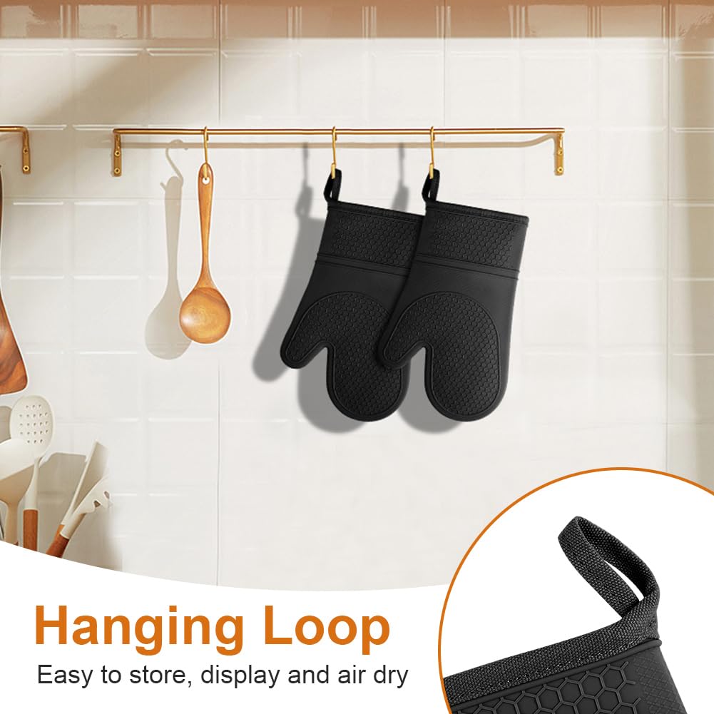 AUAUY 1 Paire Gants de Cuisine en Silicone avec 2 Maniques, Gants de Four Résistant à La Chaleur jusqu'à 240 °C, Gants de Cuisine Antidérapants pour Grillades, Cuisine, Four, Micro-Ondes, Noir